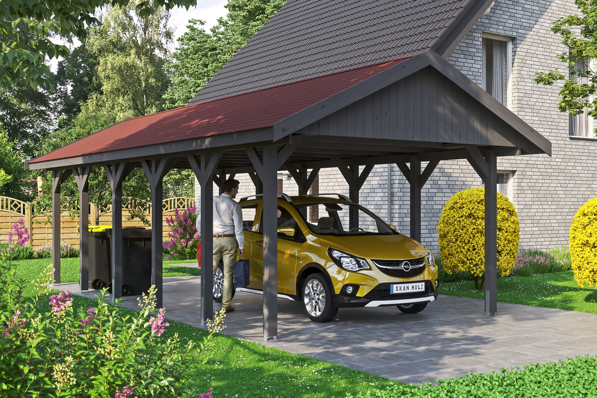Skanholz Einzelcarport »Wallgau«, Nadelholz, 340 cm, Schiefergrau, mit roten Dachschindeln