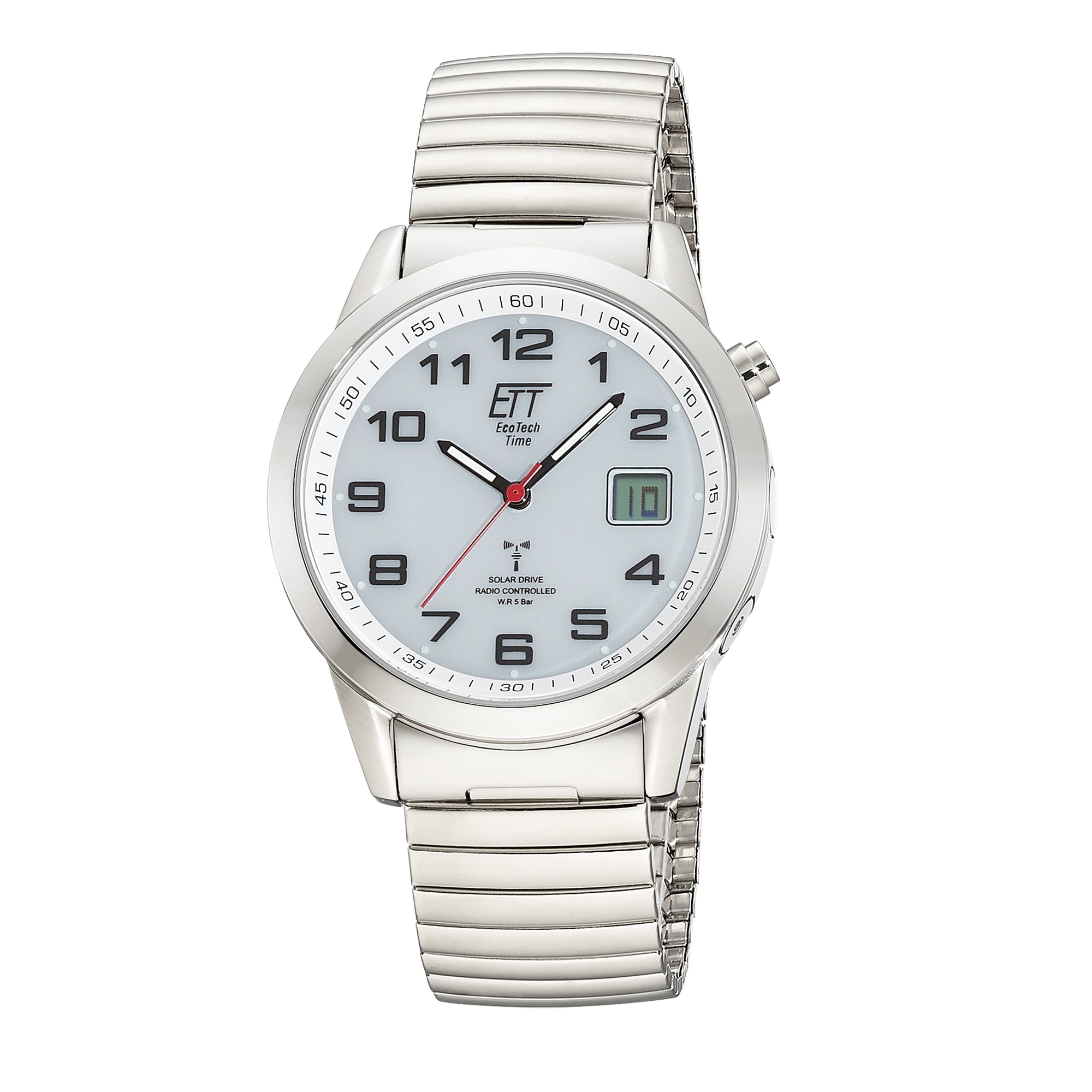 ETT Herren Funkuhr "Gobi"silberfarben, weiß, Armbanduhren, Armbanduhr, Solar, Herrenuhr, Edelstahlarmband, analog, digital