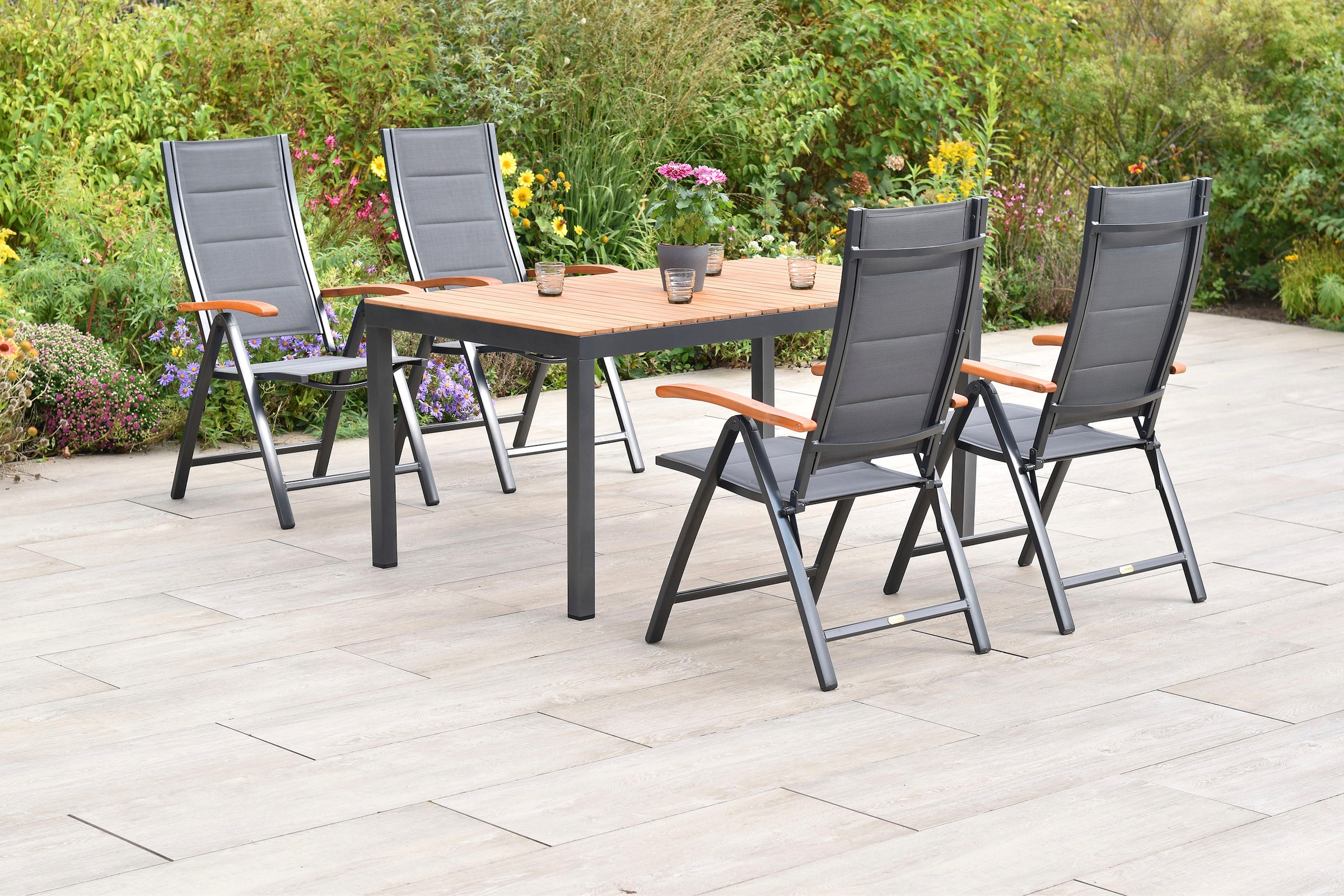 MERXX Garten-Essgruppe »Paxos« Set, 5 tlg. inkl. 4 Klappsessel, 1 Tisch