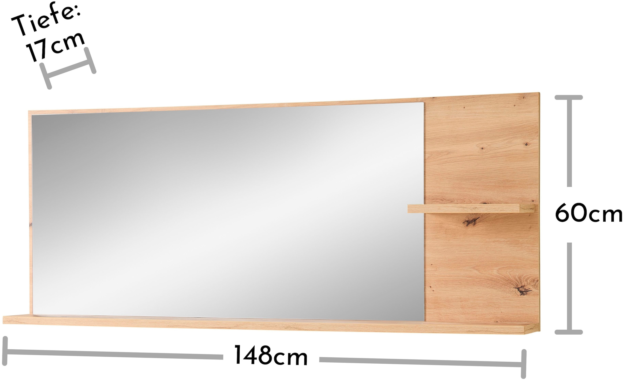 Innostyle Garderobenspiegel »BARI Wandspiegel«, (1 St.), Spiegelfläche 148 x 60 cm, 2 Ablageböden