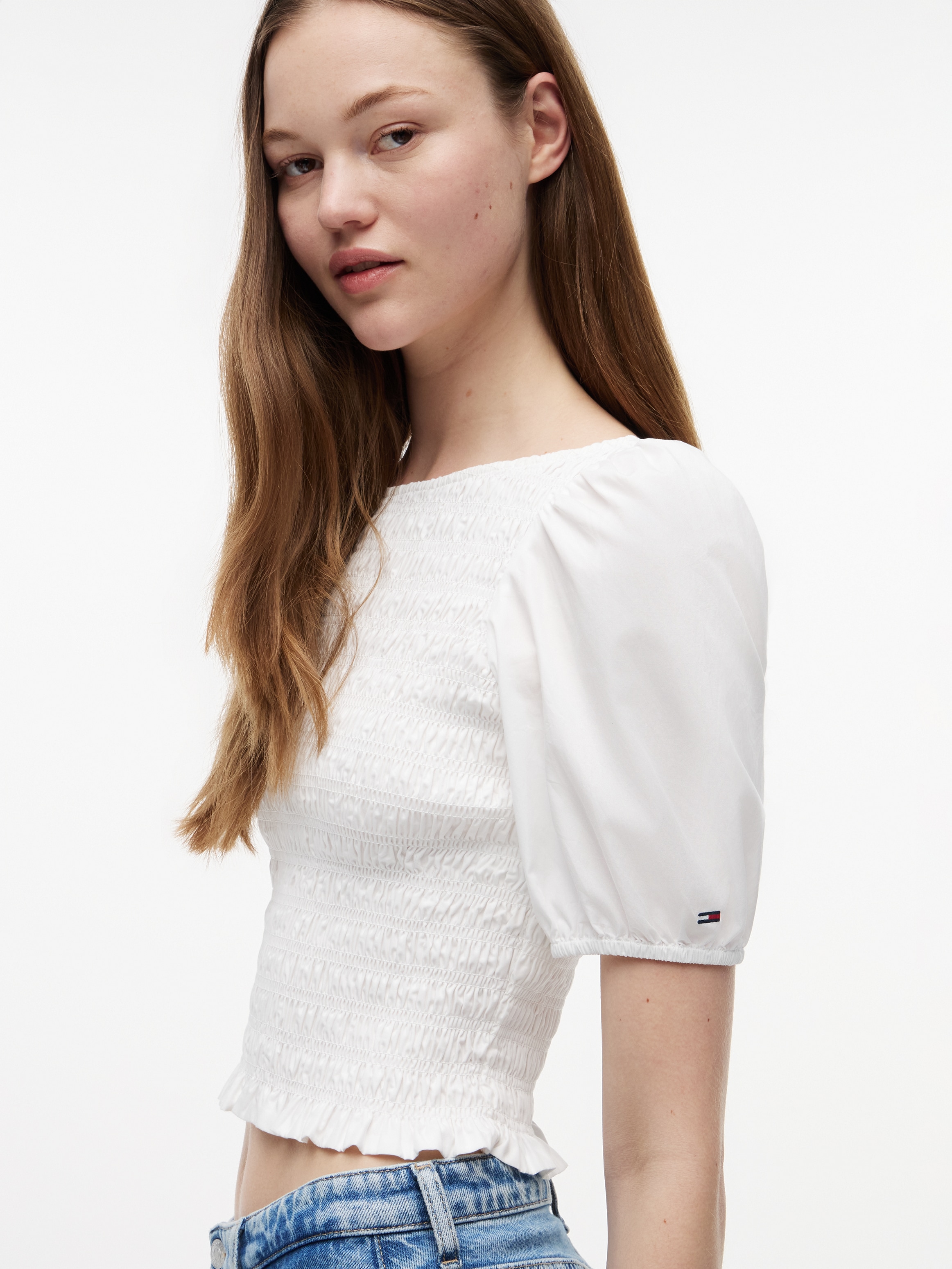 Tommy Jeans Kurzarmbluse »TJW SMOCKED SS BLOUSE« Baumwolle, Puffärmel