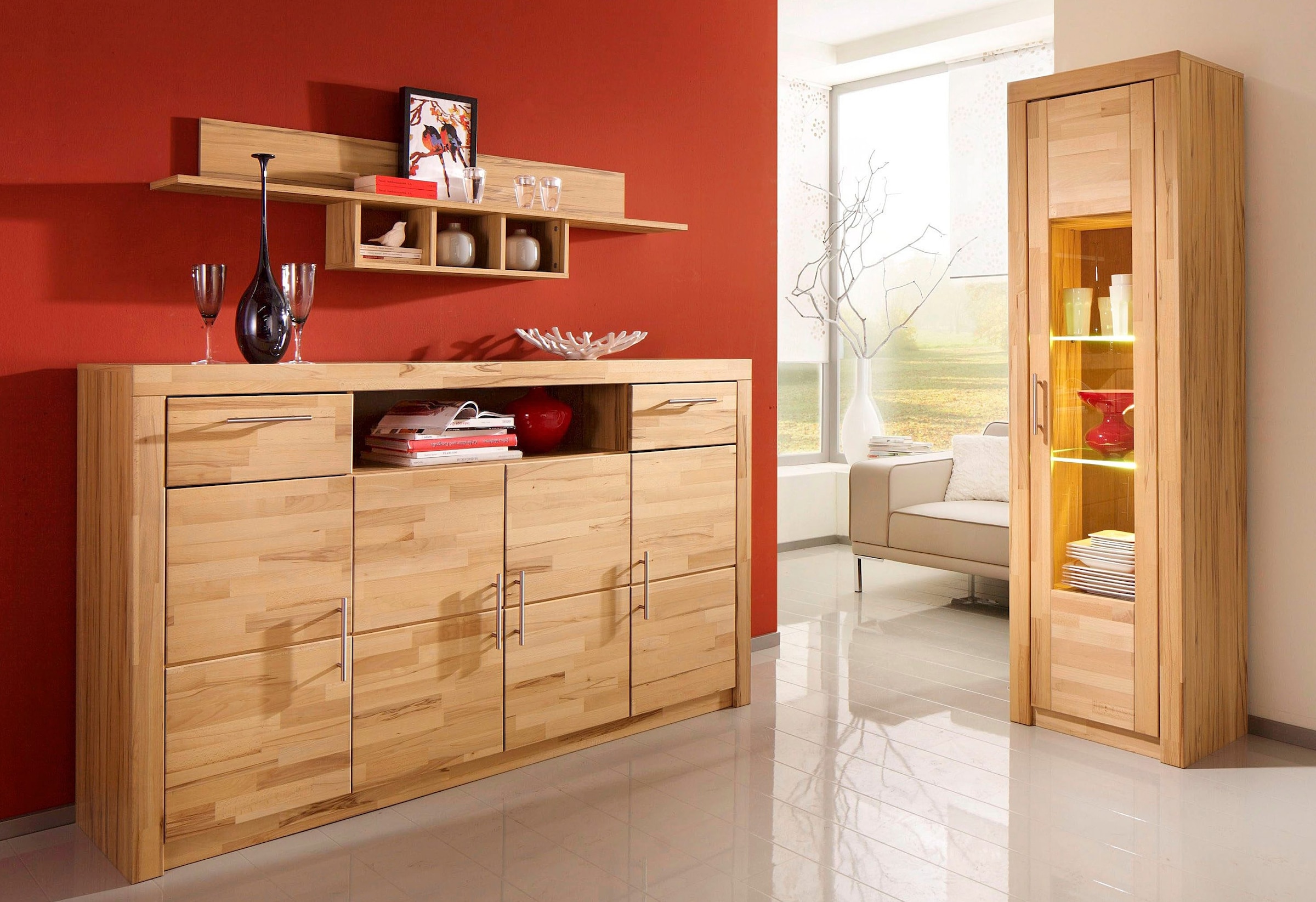 VOGL Möbelfabrik Highboard »Toronto«, opt. Glastüren, teilmassiv, Rahmenoptik, Made in Germany
