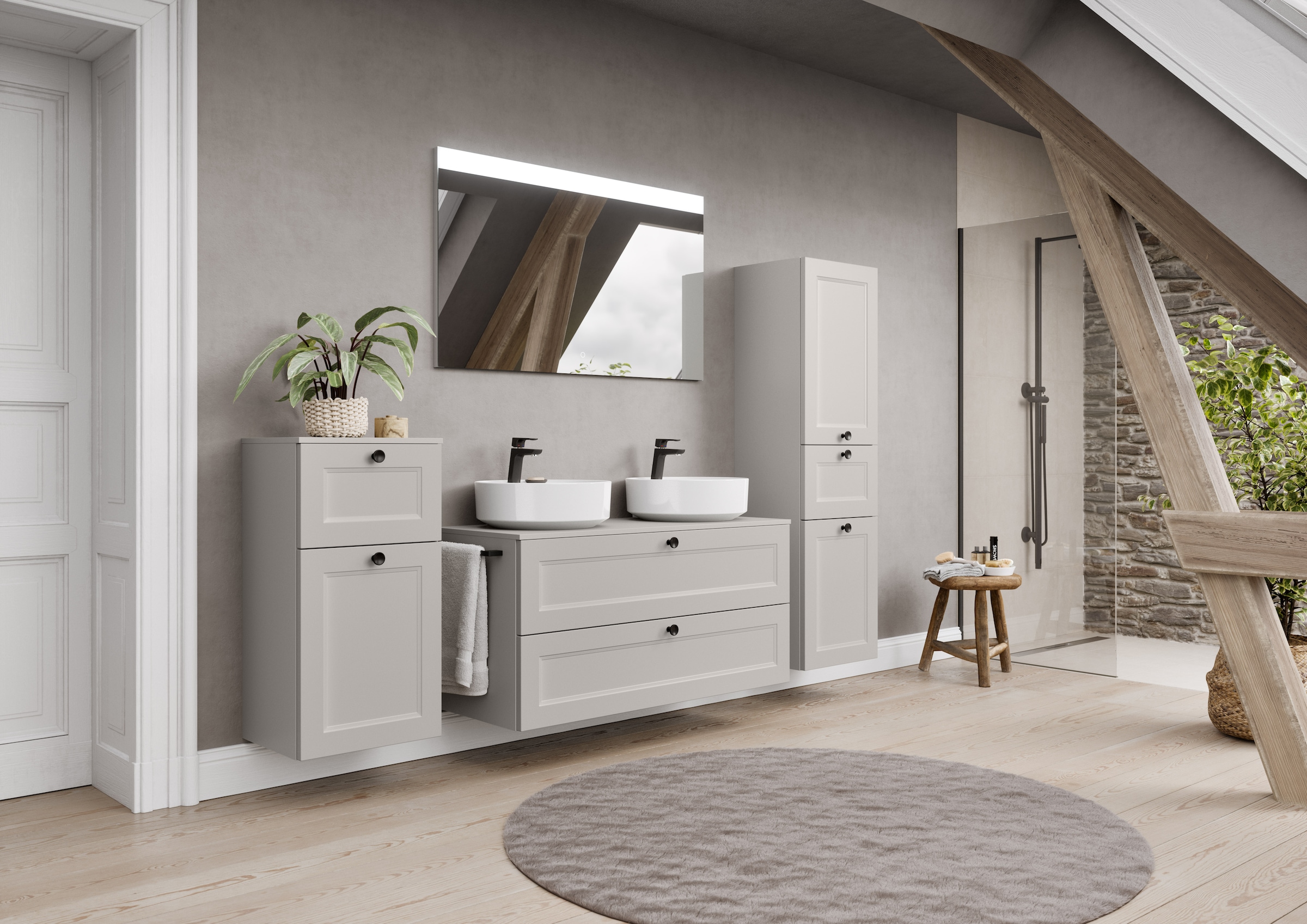 nobilia® Badmöbel-Set »Cascada« Set, inkl.  2 Aufsatzwaschbecken und beleuchtetem  Spiegel mit Touch-Sensor, 4 Stk. tlg.