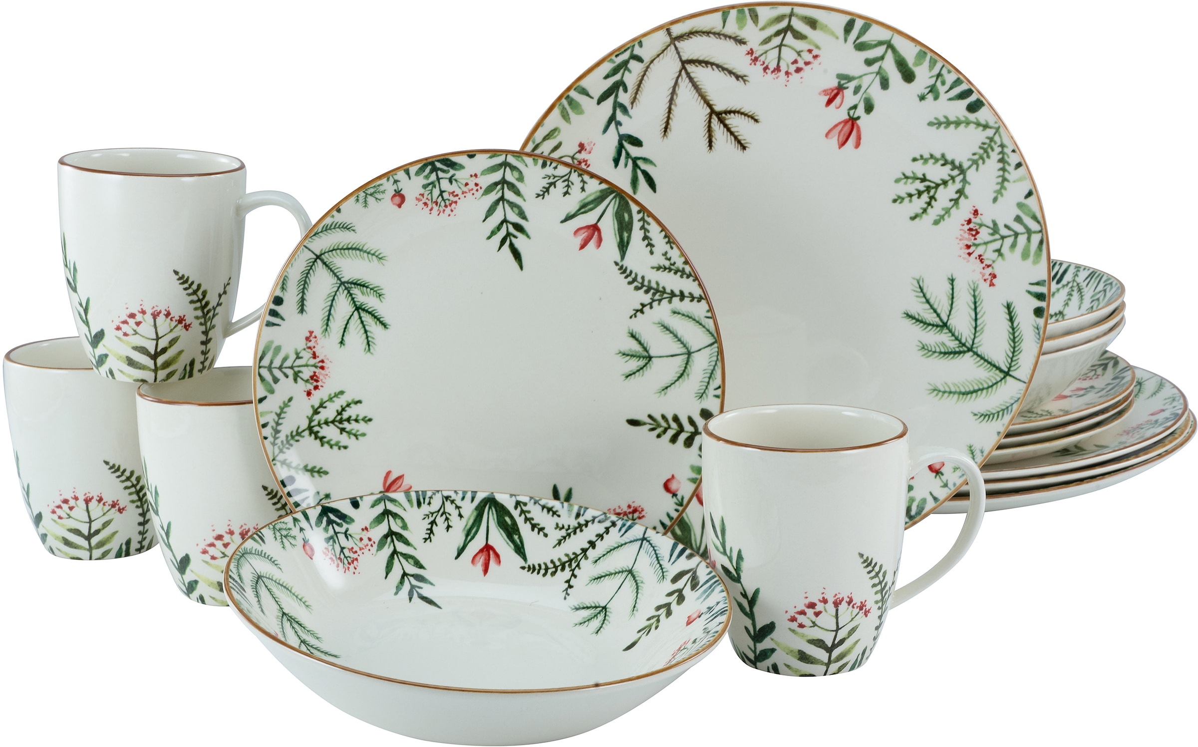 CreaTable Kombiservice "Geschirr-Set Greenery Leaves", (Set, 16 tlg., Kaffeeservice und Tafelservice im Set, für 4 Perso