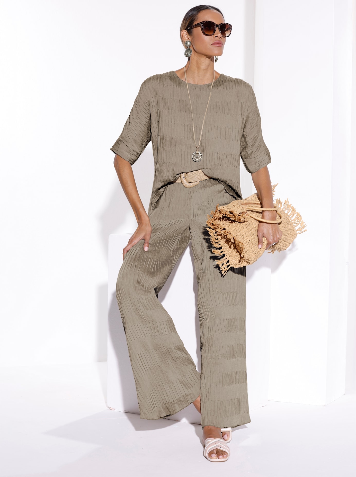Schlupfbluse CREATION L, Damen, Gr. 38, sesam, 76% Viskose, 15% Polyamid, 9% Leinen, unifarben, Rundhals, Blusen Schlupfbluse