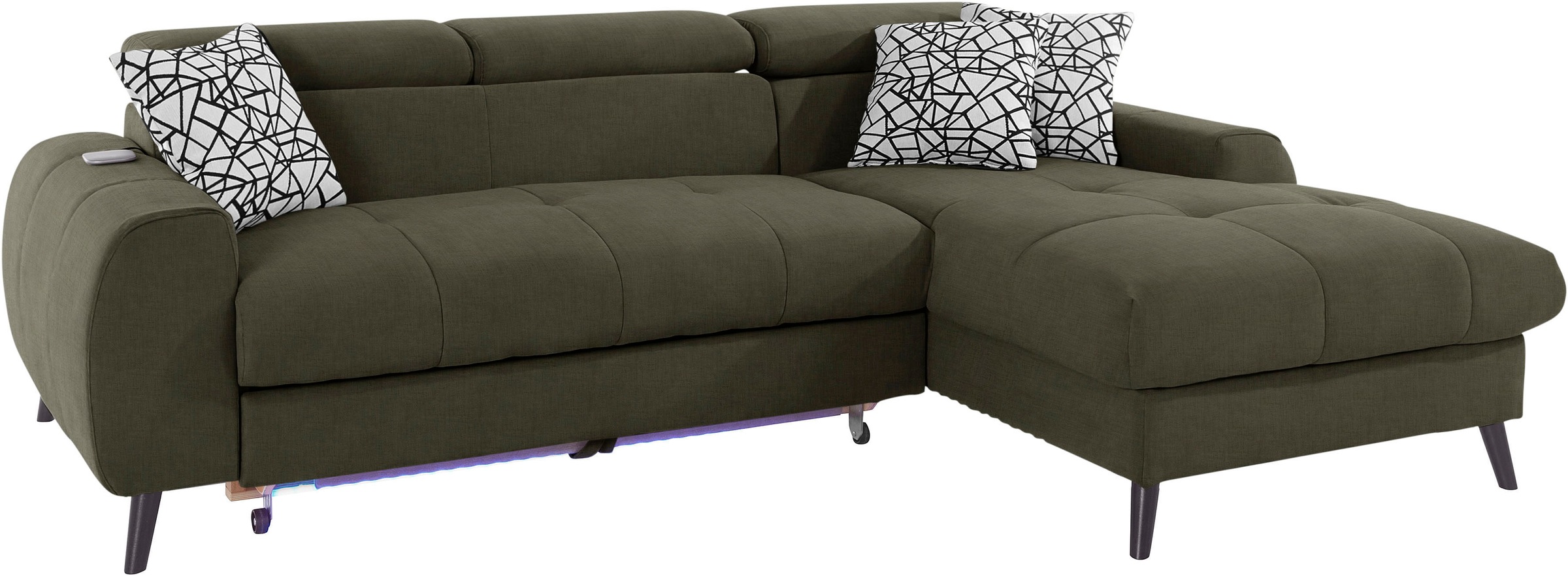 COTTA Ecksofa »Mia L-Form mit 3 Zierkissen«, wahlweise mit Bettfunktion, Bettkasten, Beleuchtung & Wireless-Charger