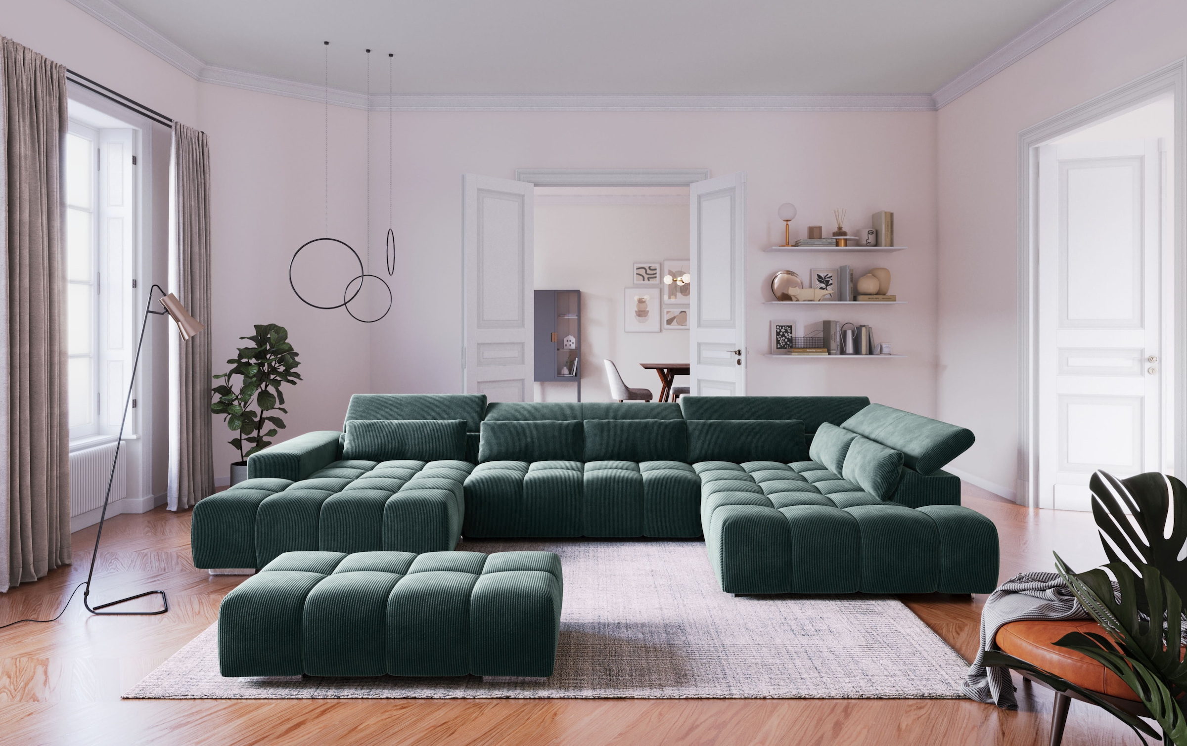 COTTA Wohnlandschaft "Orion U-Form XXL, B: 409 cm, bequeme Wellenunterfederung, top modern" mit Kopfteilverstellung & 6 Nierenkissen