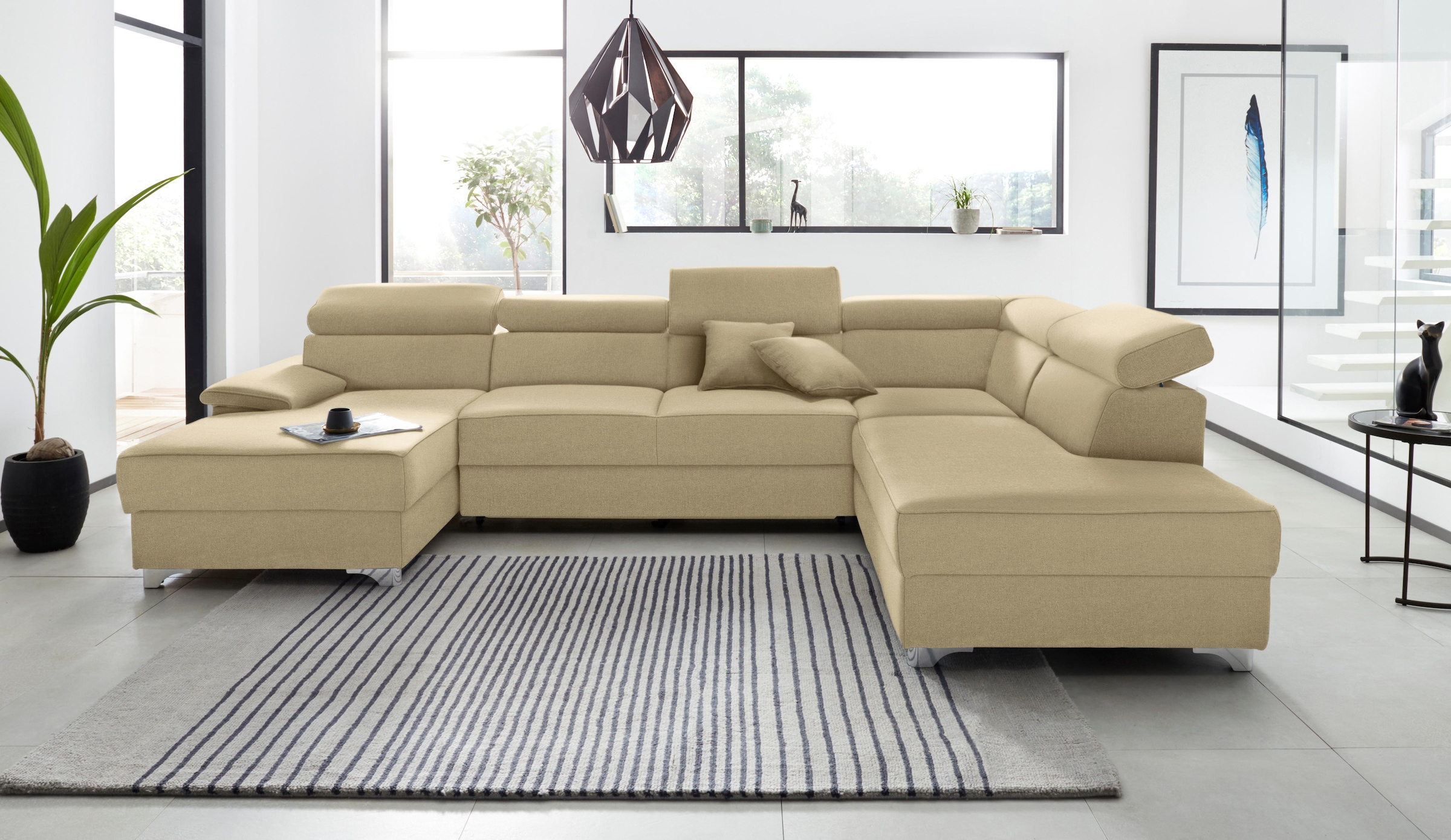 DOMO collection Wohnlandschaft »Mira, inklusive Kopfteilverstellung für mehr Wohlfühlkomfort, U-Form«, wahlweise mit Bettfunktion und Bettkasten, elegant und modern