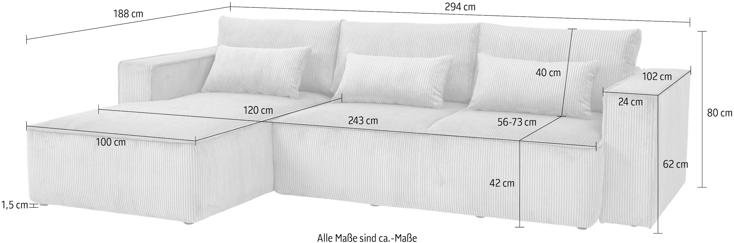OTTO home Ecksofa »Tillian, Schlafsofa« Breite 294 cm, Breitkord, Sitzfläche mit Taschenfederkern