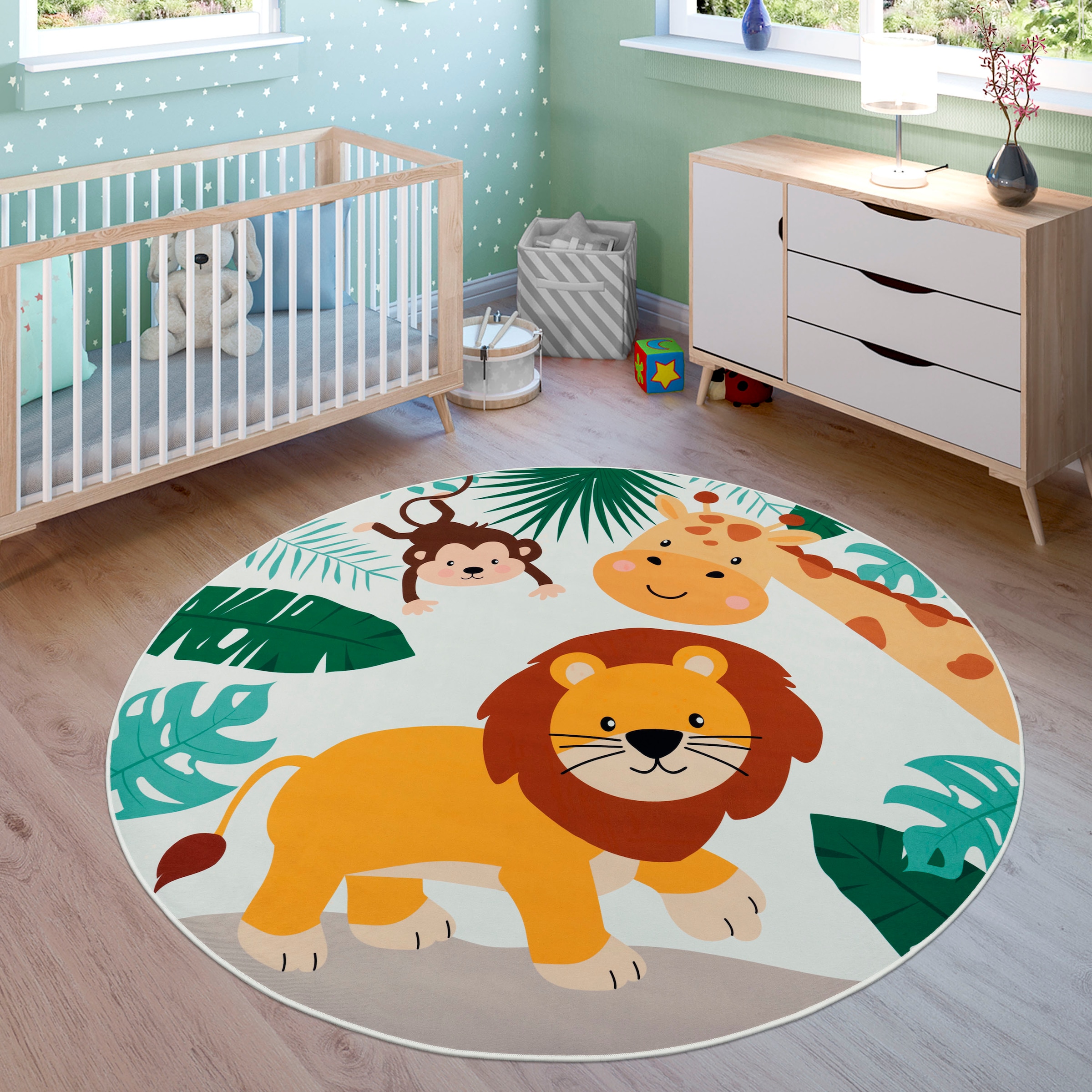 Paco Home Kinderteppich "Bino 582", rund, Spielteppich, Motiv Tiere, Löwe & Giraffe, Kinderzimmer