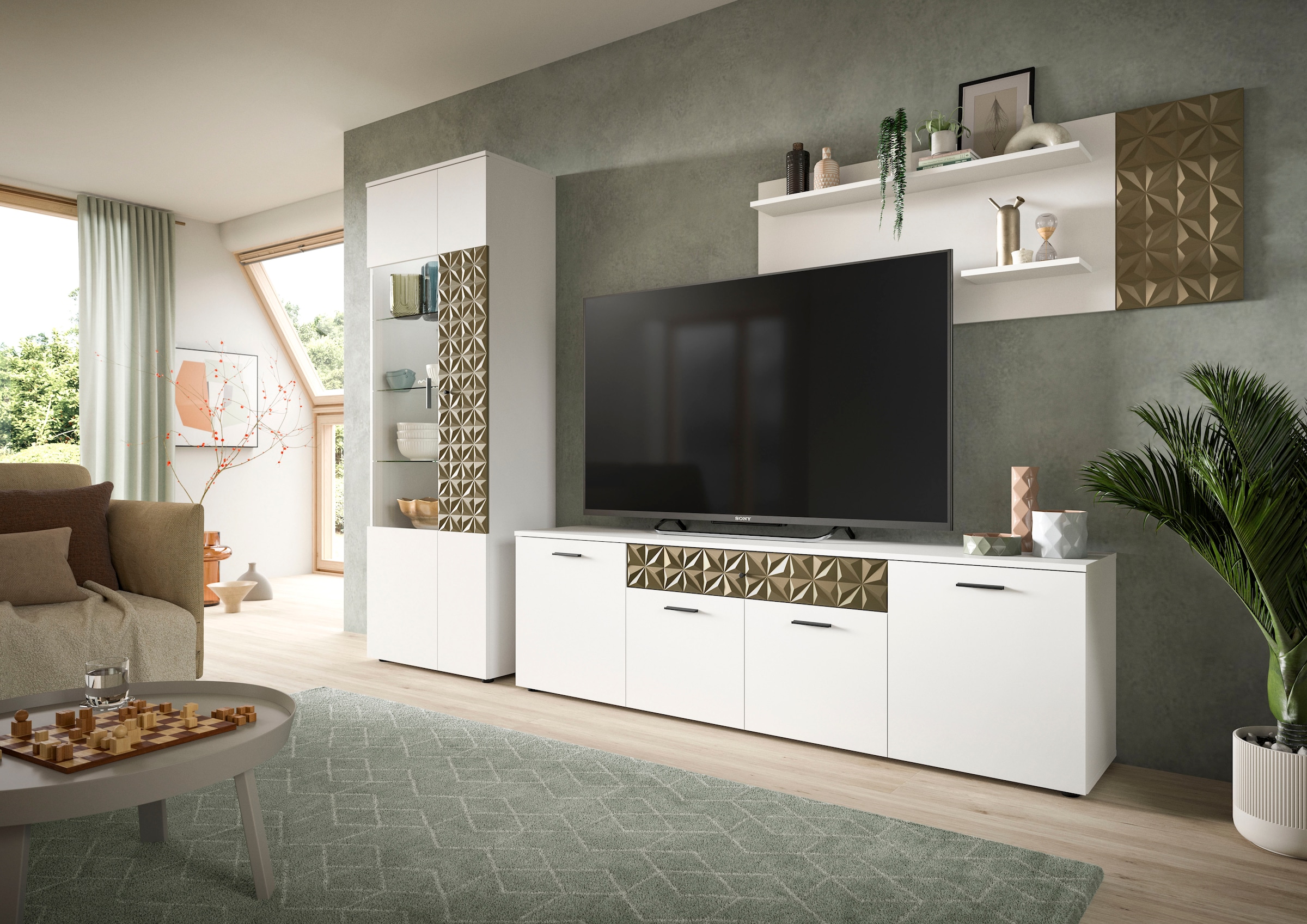 INOSIGN Vitrine »Vicenza, Höhe 195 cm, Ornamentabsetzung, 2 Türen, 9 Fächer«, 3 Glaseinlegeböden, Vitrinenschrank, Schrank, Hochschrank, Wohnschrank