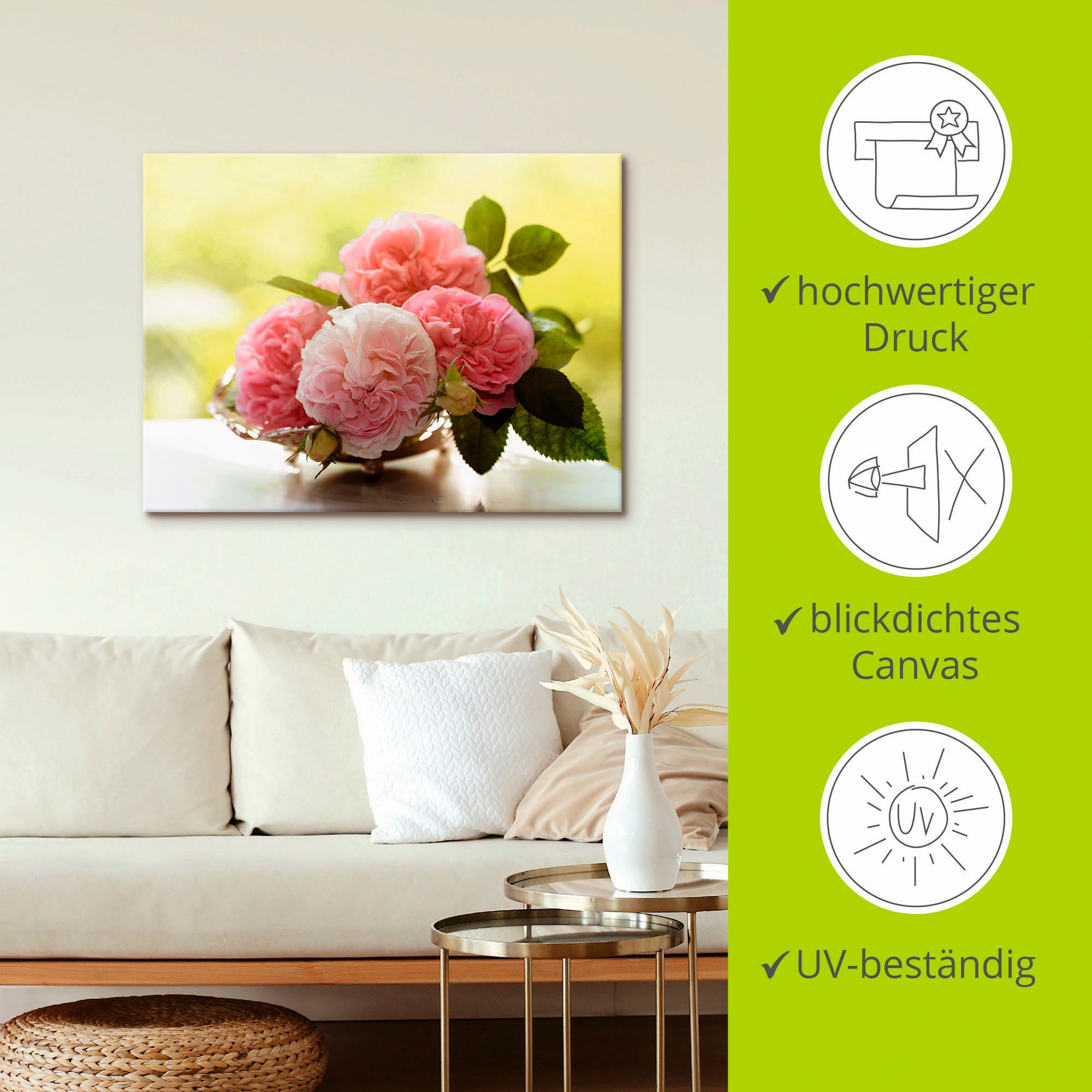 Artland Wandbild »Rosen in Silberschale Stillleben«, Blumen, (1 St.), als Leinwandbild, Poster, Wandaufkleber in verschied. Größen