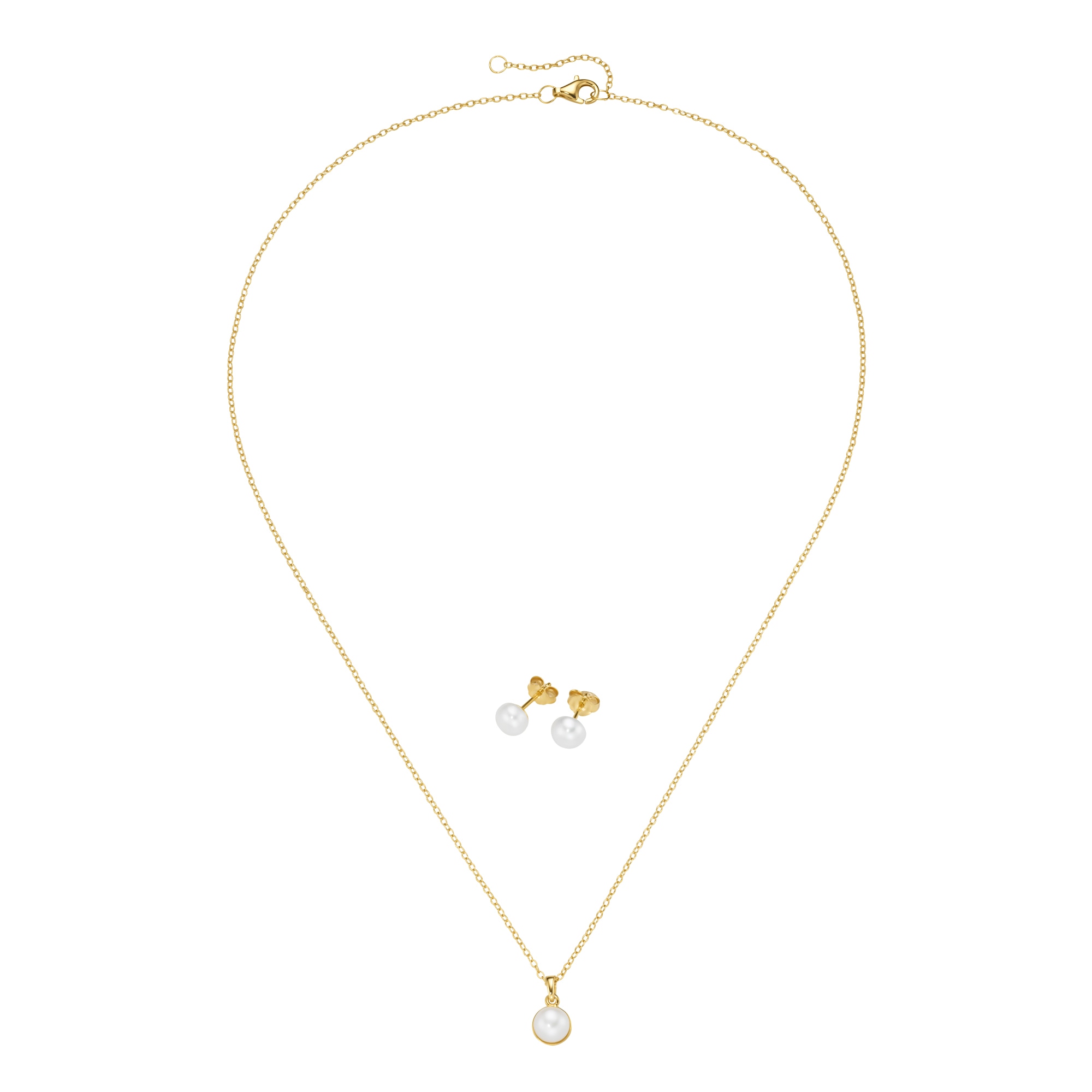 Ohrring und Ketten Set FIRETTI "Multipack Schmuck Geschenk Silber 925 Perlenhalskette Perlenohrstecker", gelbgoldfarben, weiß, Schmuck_Sets, Damen, Pe