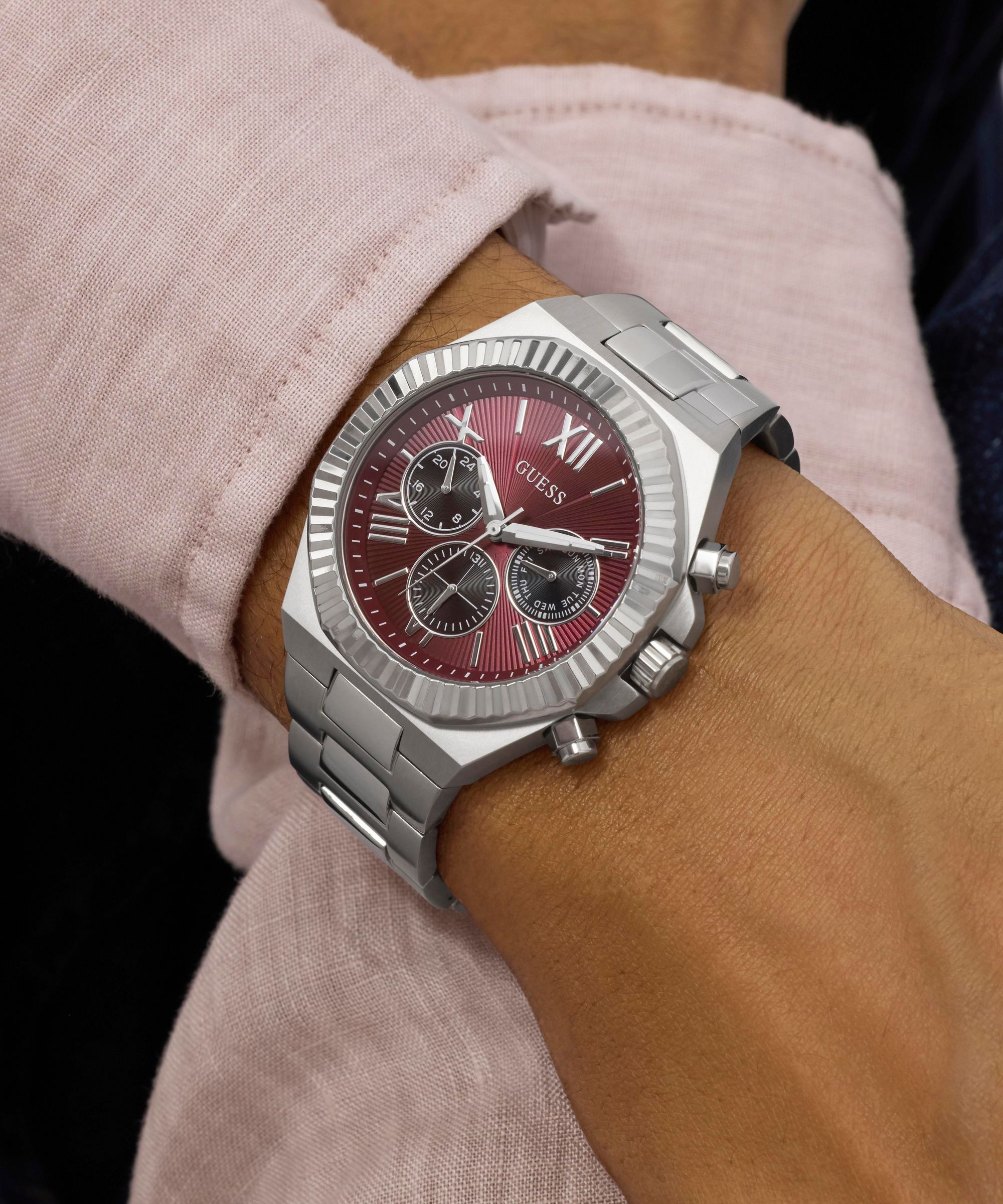 Guess Quarzuhr »GUESS-EQUITY« Armbanduhr, Herrenuhr, Edelstahlarmband, analog, Wochentag, Tag