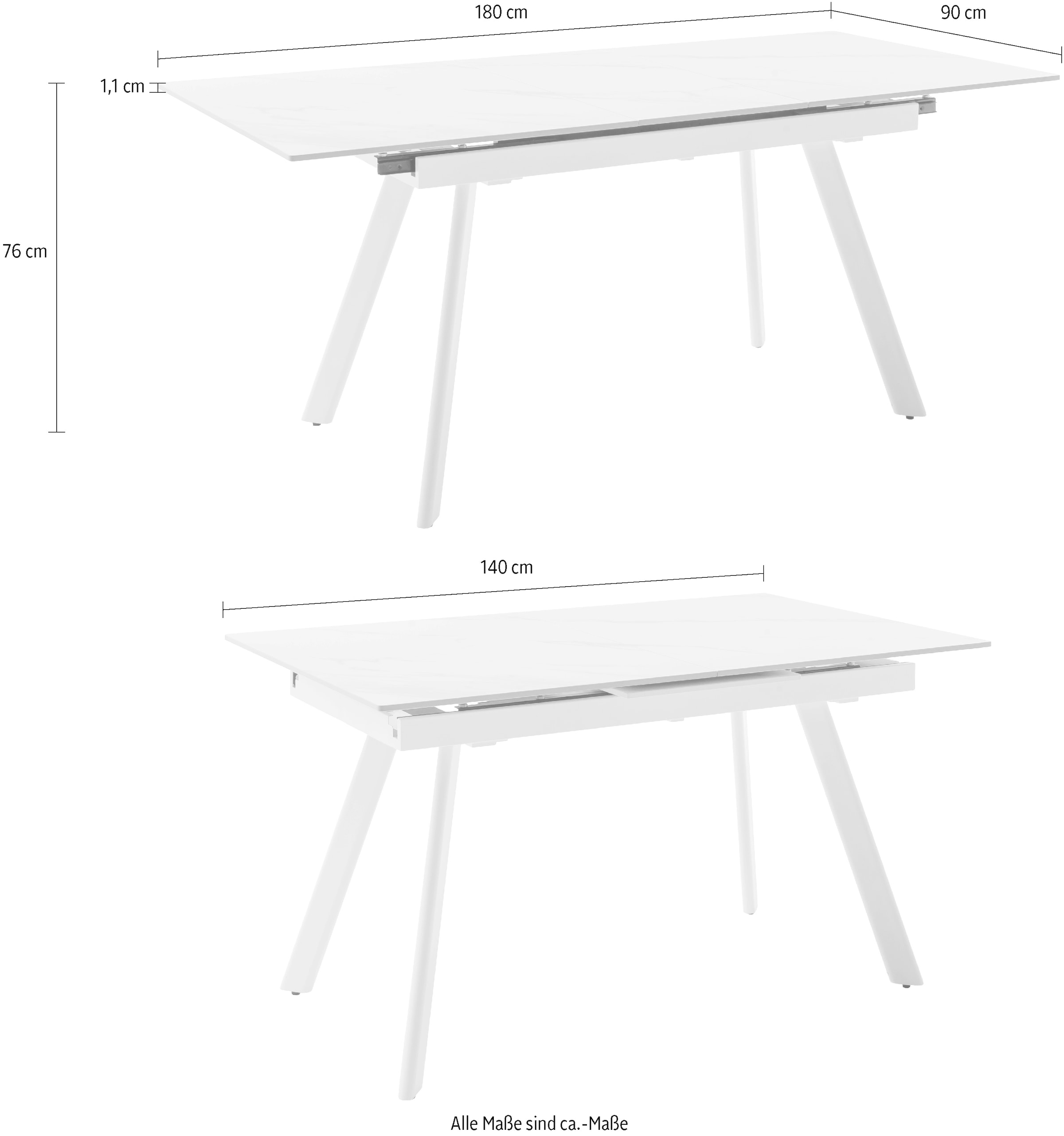 MCA furniture Esstisch »PARENZO Auzugtisch 140-180 cm weiß marmoriert - bis 8 Personen«, (1 St.), Keramik, Metall weiß, Synchronauszug, ausziehbar, 6-8 Personen