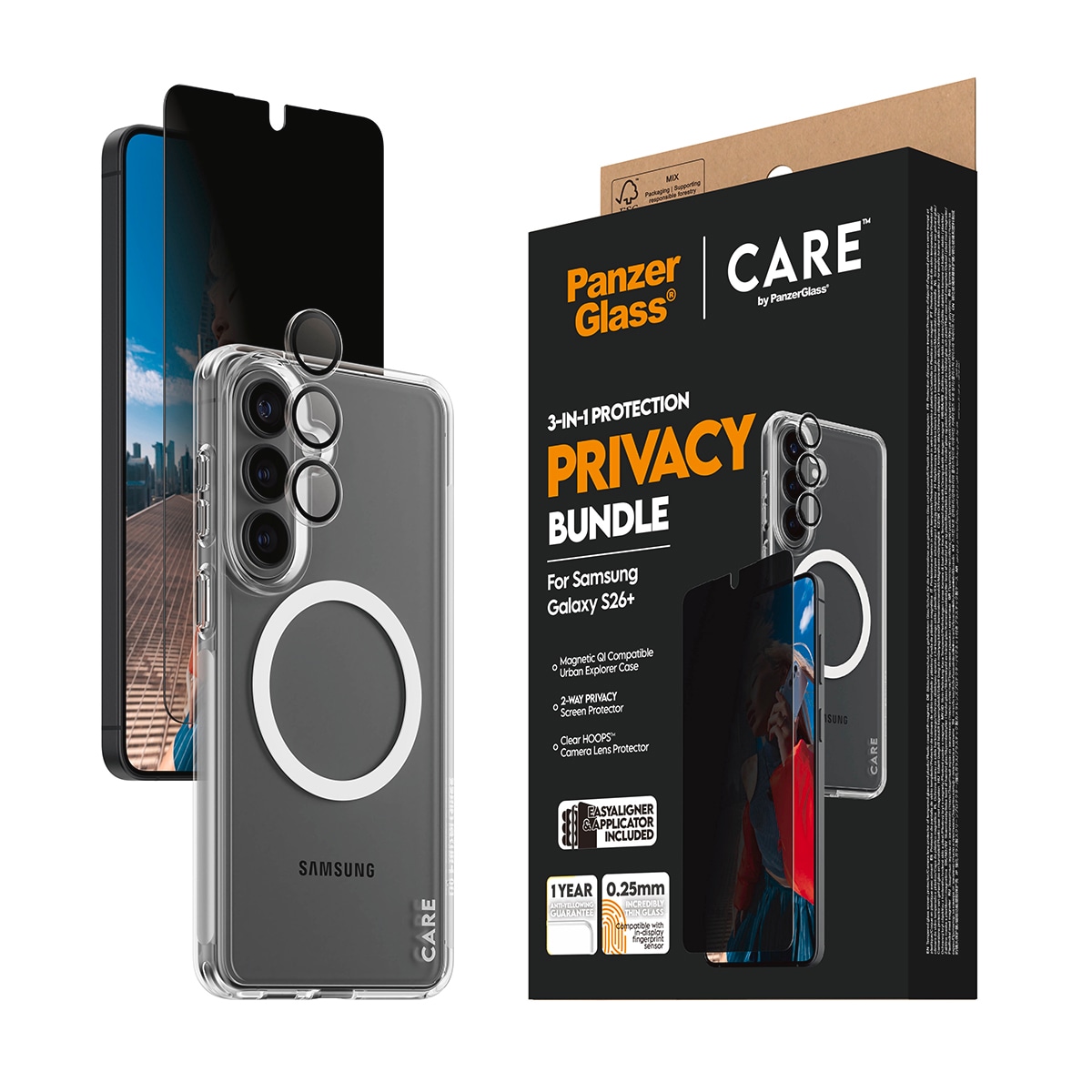 CARE by PanzerGlass Displayschutzglas »3-in-1 Protection Privacy Bundle« für Samsung Galaxy S26+ Displayschutzfolie, Schutzfolie, Bildschirmschutz, kratz- & stoßfest