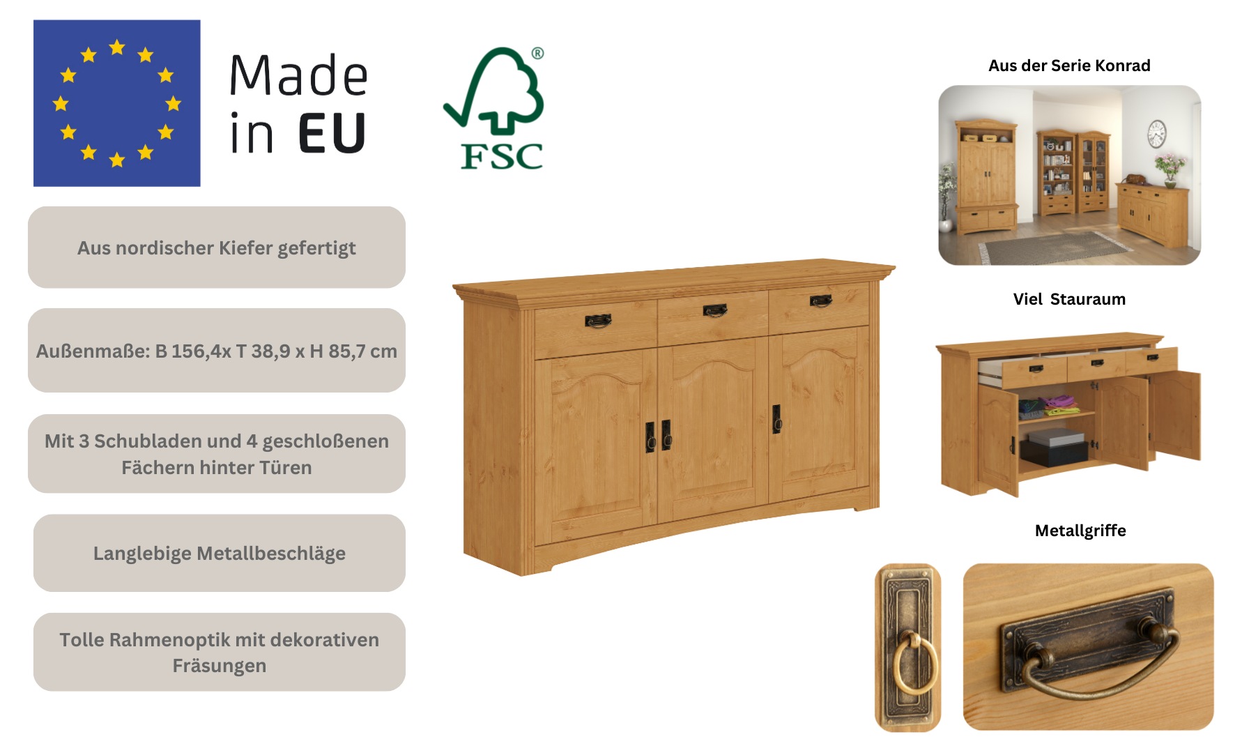 OTTO home Kommode »Konrad« aus massiver Kiefer, Breite 156 cm, mit Schubladen, FSC®