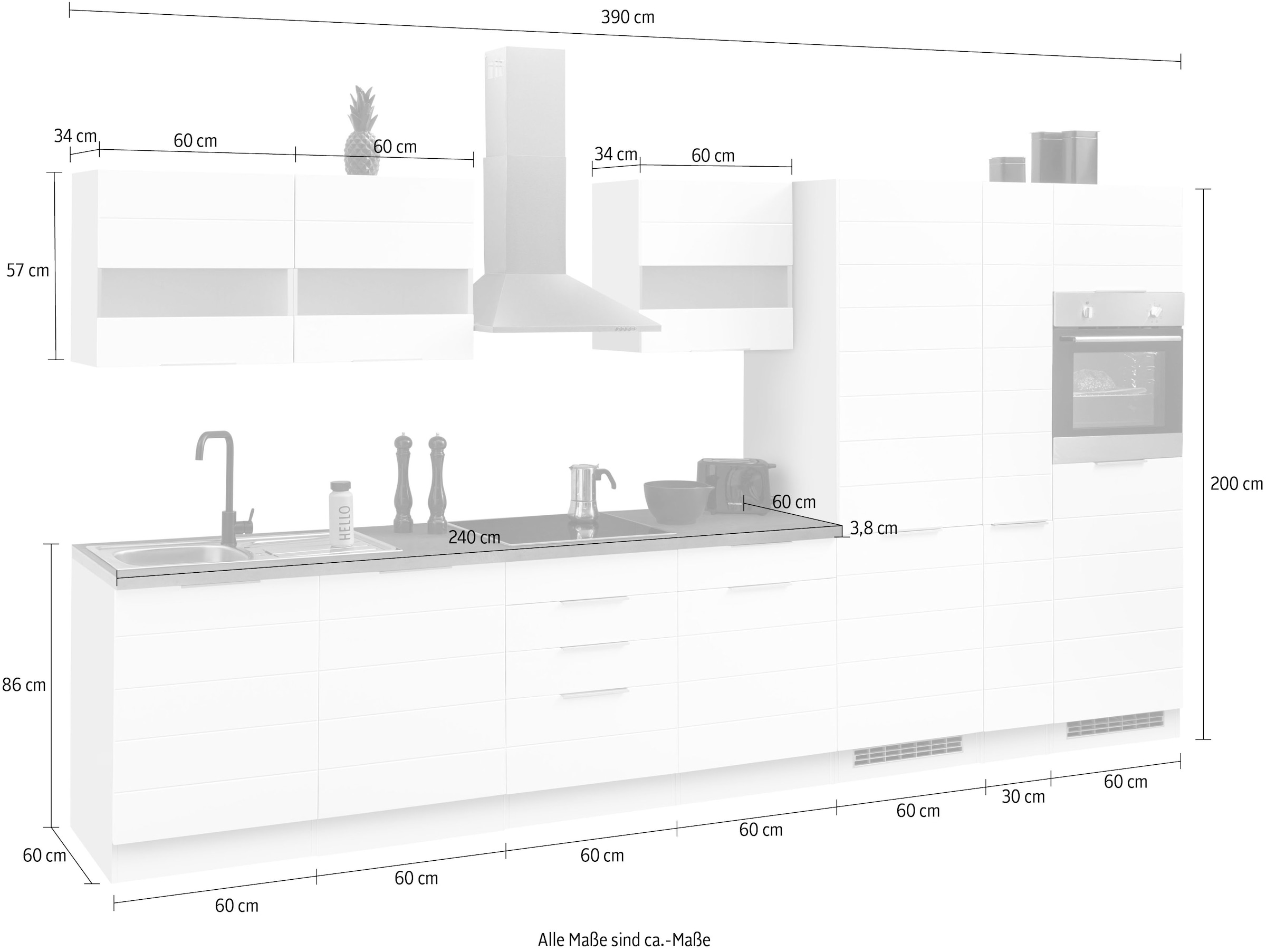 Kochstation Küche »KS-Luhe«, 390 cm breit, wahlweise mit oder ohne E-Geräten, gefräste MDF-Fronten