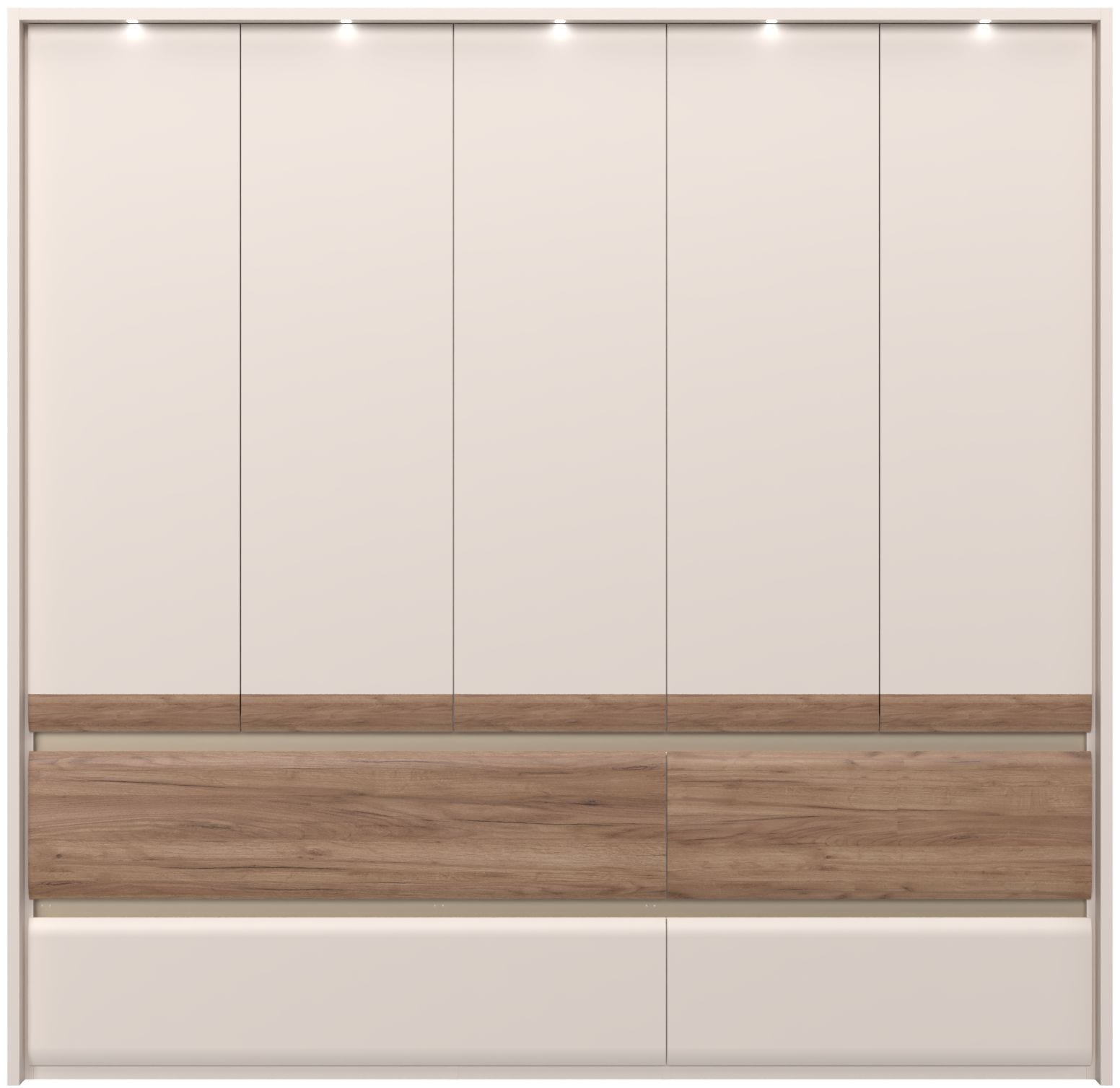 OTTO home Kleiderschrank "Invictus, UV lackiert, kratzfest, FSC-zertifiziert, grifflose Optik" abgerundete Schubladen aus MDF im Holzdekor, soft-close, mit Beleuchtung und Passpartourahmen, hoher Schrank (226cm), 6 Breiten
