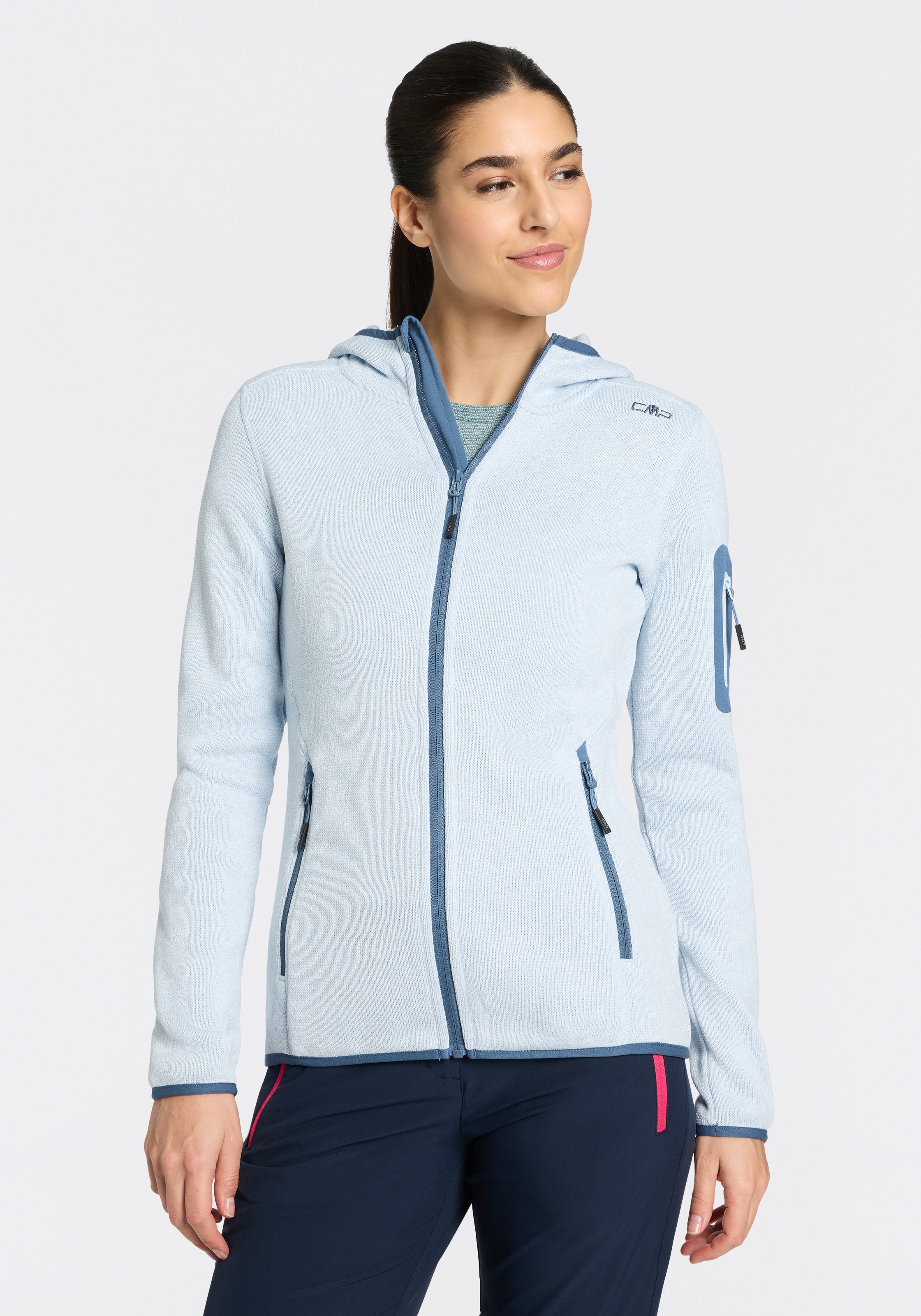 Strickfleecejacke CMP "KNITTED MELANGE HOODY WOMAN HOODY JACKET", Damen, Gr. 46, sky blau, bia, Strick, Obermaterial: 100% Polyester, hoch geschlossener Ausschnitt, eingefasste Kante, Jacken, Ünbergangsjacke für Outdoor-Aktivitäten, mit Kapuze, atmungsakt