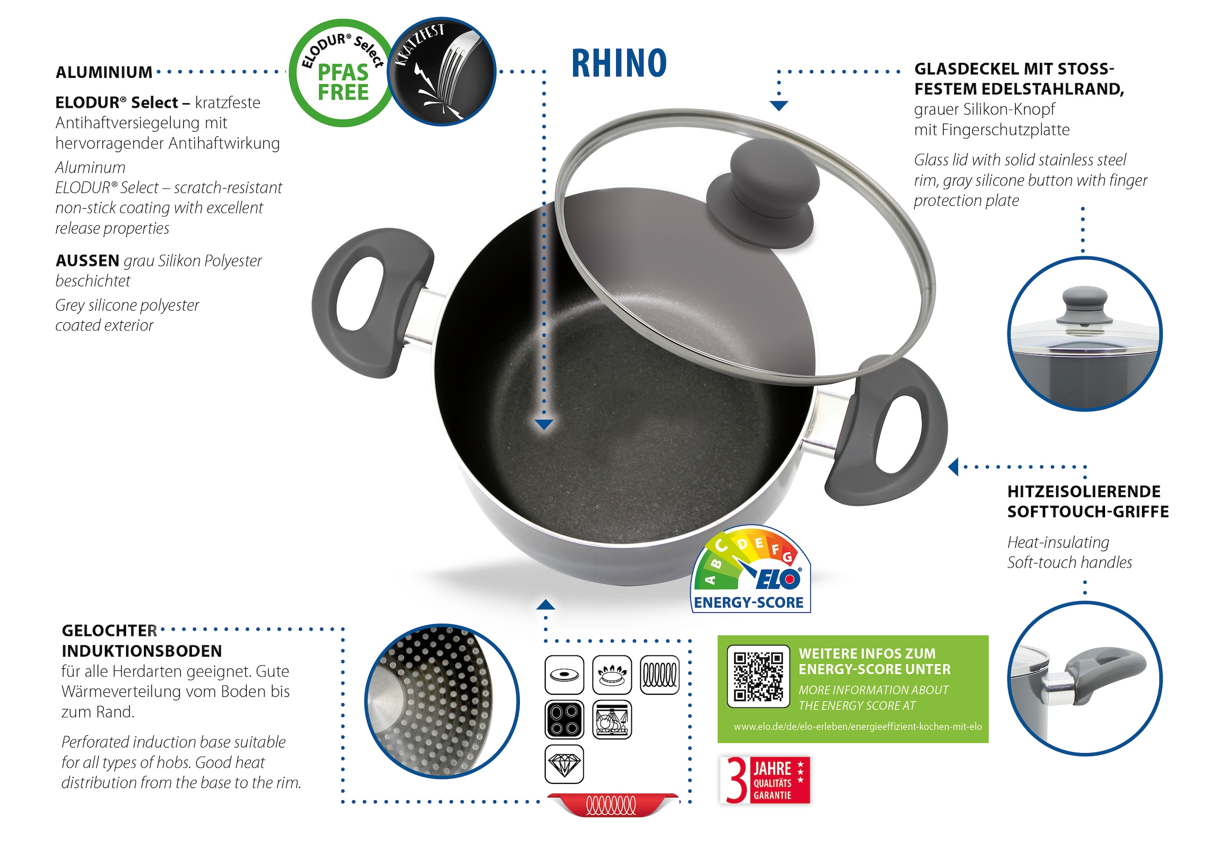 Elo Topf-Set »Rhino Topfset 4-teilig«, Aluminium, (Set, 7 tlg.), Hitzeisolierende Softtouch Griffe