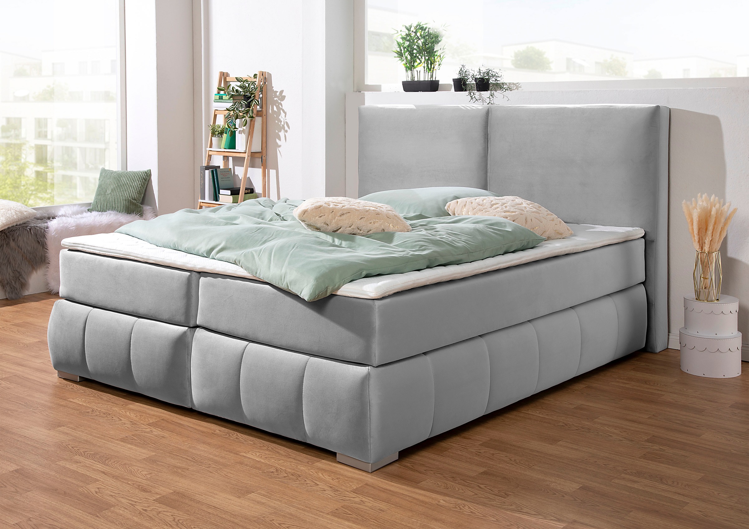 Boxspringbett HOME AFFAIRE "Wehma", silber, B:210cm L:233cm, Struktur fein (100% Polyester), Komplettbetten, Boxspringbett, inkl. Topper in 3 verschiedenen Matratzen, auch in Samtstoff