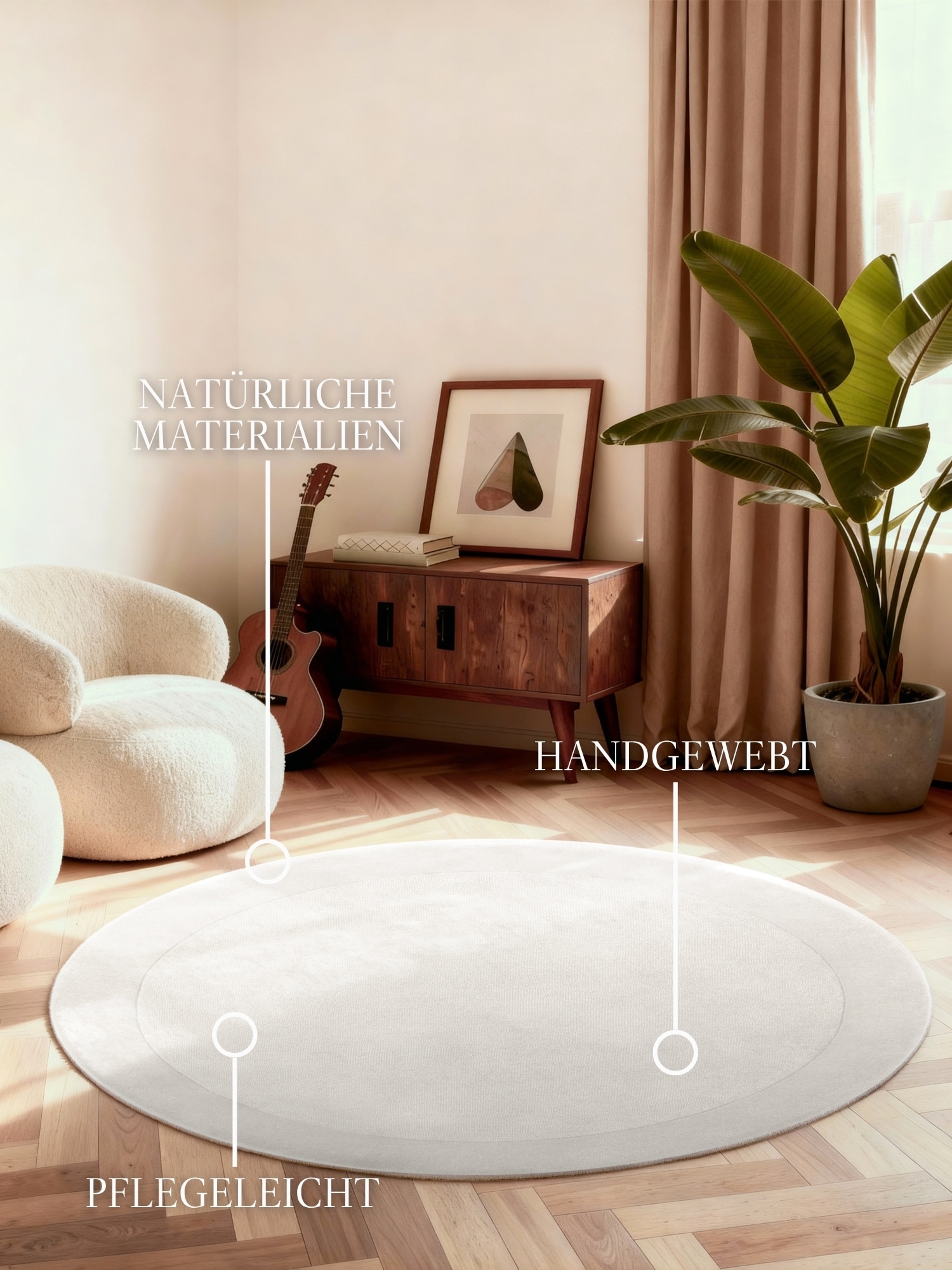 THE RUGS Villeroy & Boch 1812 Kari Handmade Soft Wool Blend Bordered Rug in Cream | Size: 150cm diameter