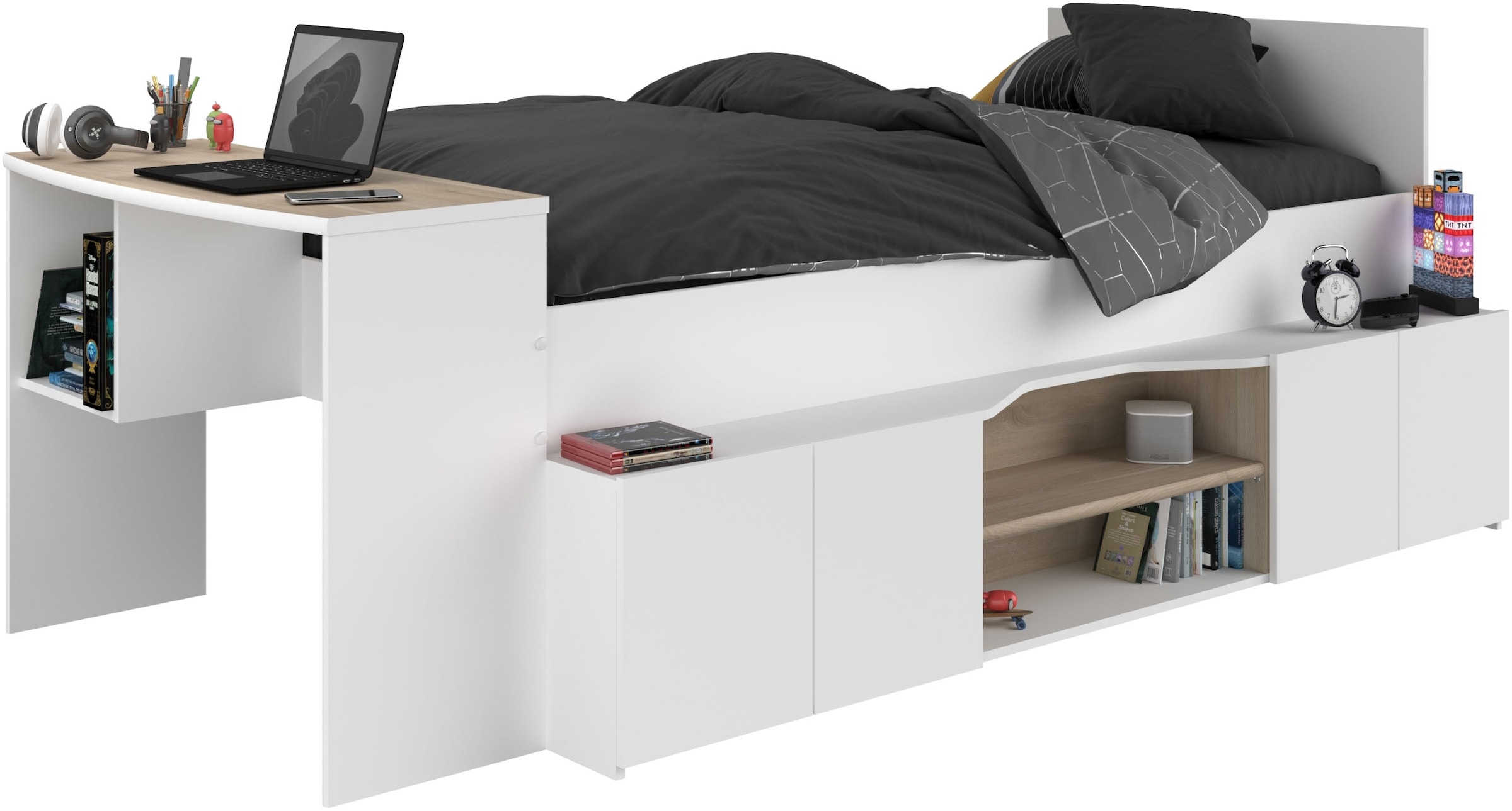 Parisot Hochbett »Cleo«, (1 St.), Schreibtisch beidseitig anbaubar, viel Stauraum, für Jungen & Mädchen