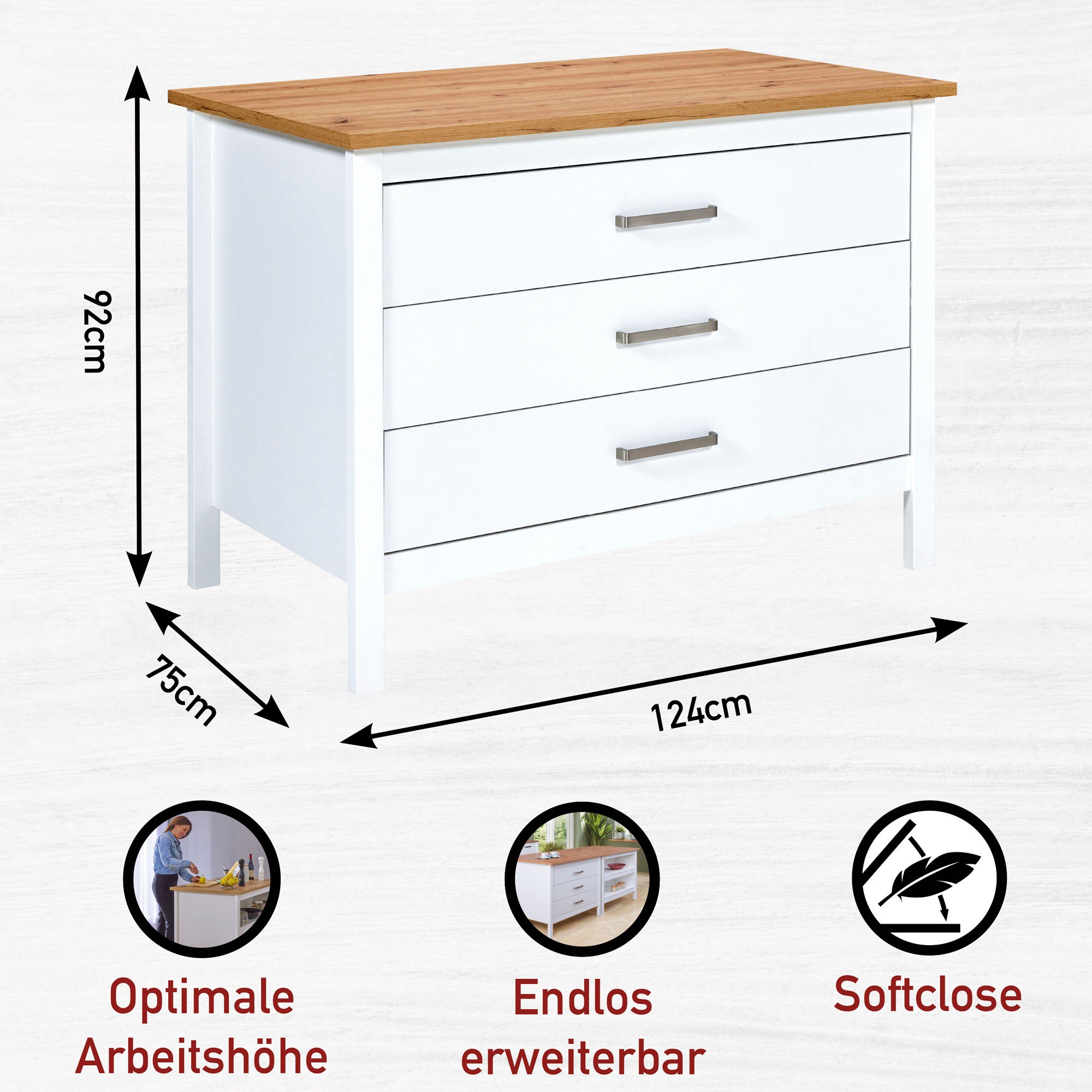Inter Link Bartisch »Enoli im Skandi Look, multifunktional für Küche & Essbereich, Weiss« 1 Stk. tlg. Kücheninsel mit Soft-Close, Platz für 2 Hocker, 124x75x91 cm