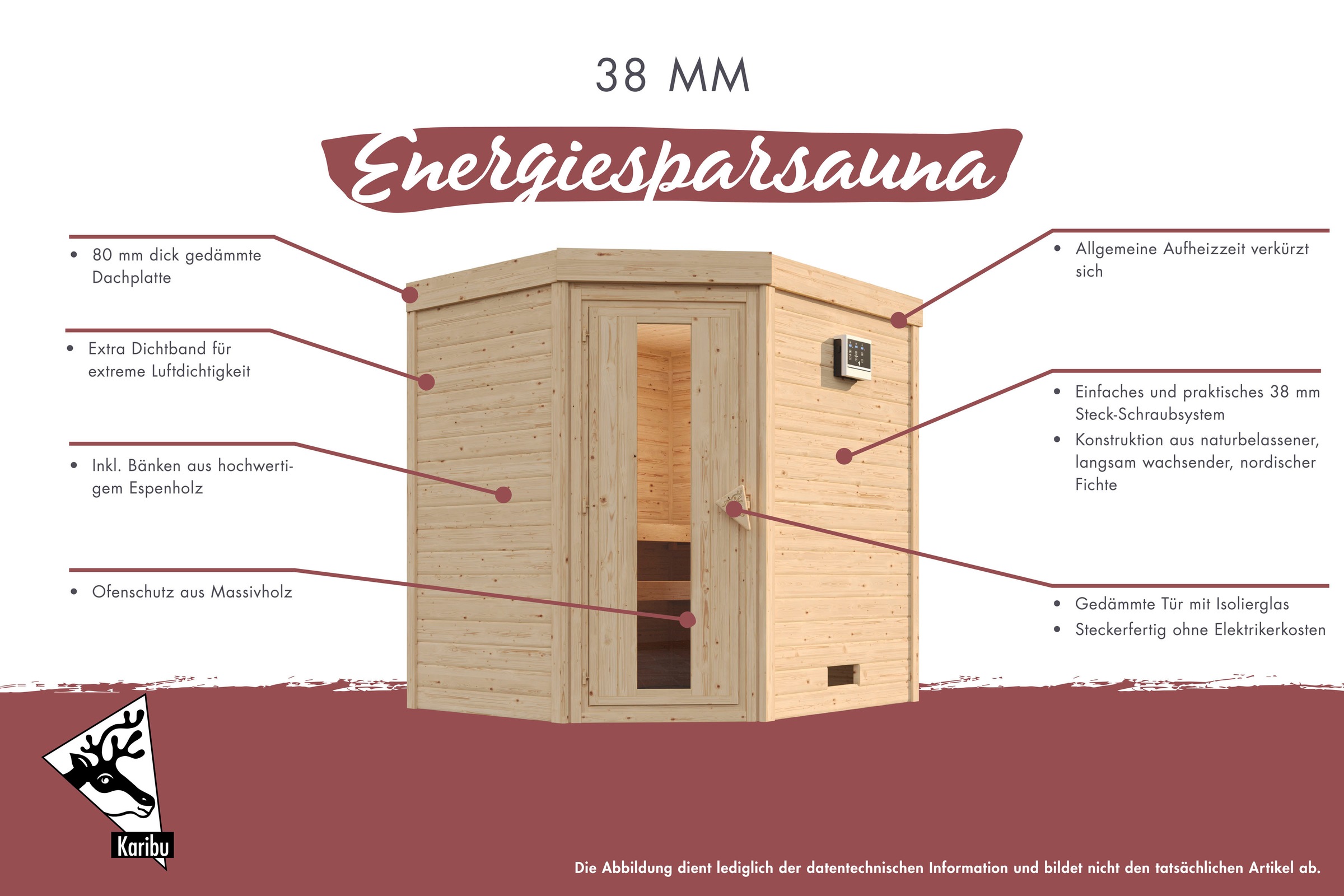 Karibu Sauna »"Marvin " naturbelassen mit Ofen 3,6 kW ext. Strg.«, aus hochwertiger nordischer Fichte