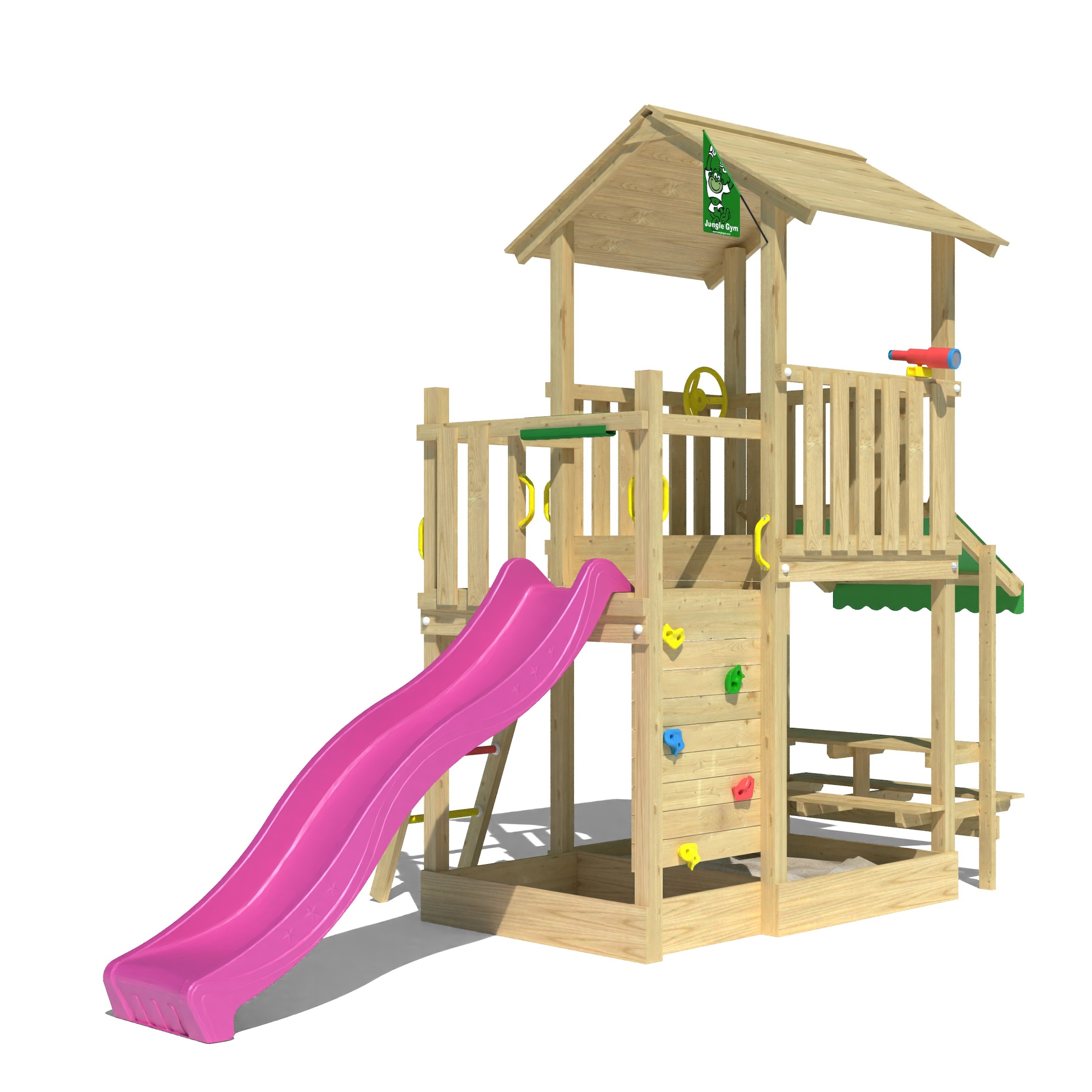 JUNGLE GYM Kinder Spielturm "Keep", pink, Holzwerkstoff, B:419cm H:307cm T:181cm, Spieltürme, Spielanlage mit Mini Market und Rutsche mit