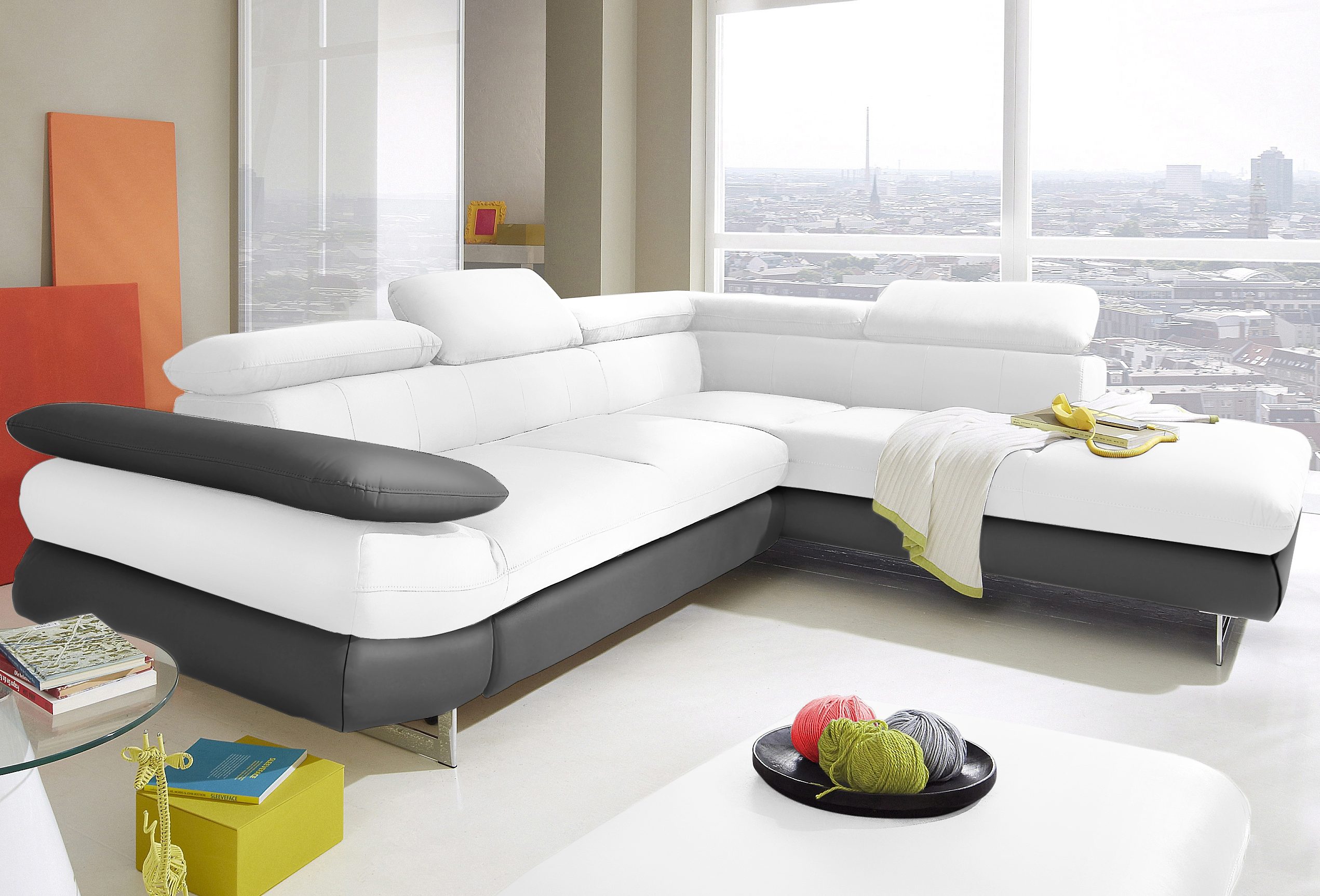 COTTA Ecksofa "Solution L-Form, Design Sofa, bequeme Wellenunterfederung, Design Fuß" mit Arm- & Kopfteilverstellung, wahlweise mit Schlaffunktion