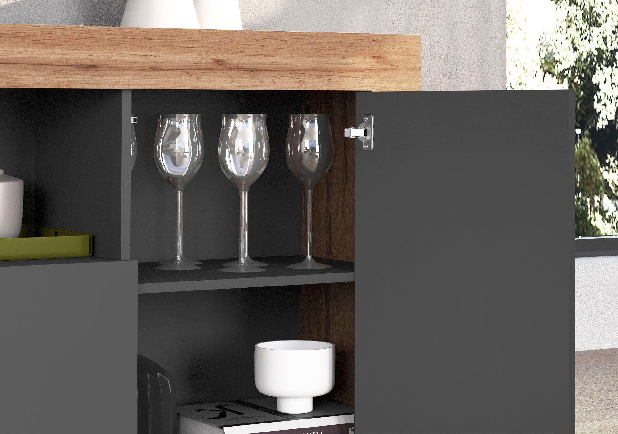 OTTO home Sideboard »CHRONOS Breite 155 cm mit 3 Türen, 1 offenes und 6 geschlossene Fächer« 1 Stk. tlg. Sideboard,Kommode, Schrank, Grifflos mit Push to Open, Made in Italy