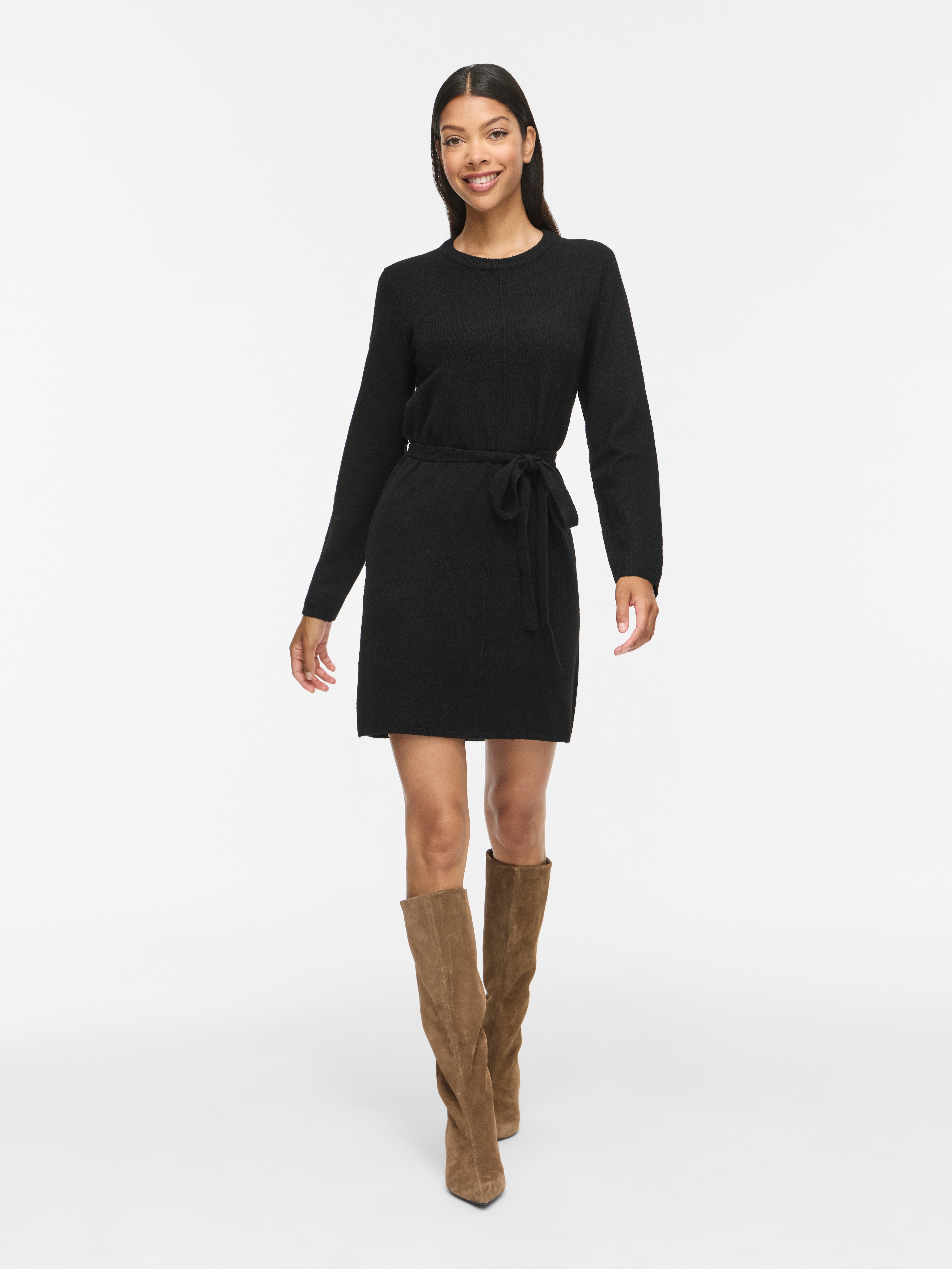 Vila Strickkleid "VILIGA L/S O-NECK BELTED KNIT DRESS-NOOS" Materialmix, normal geschnitten