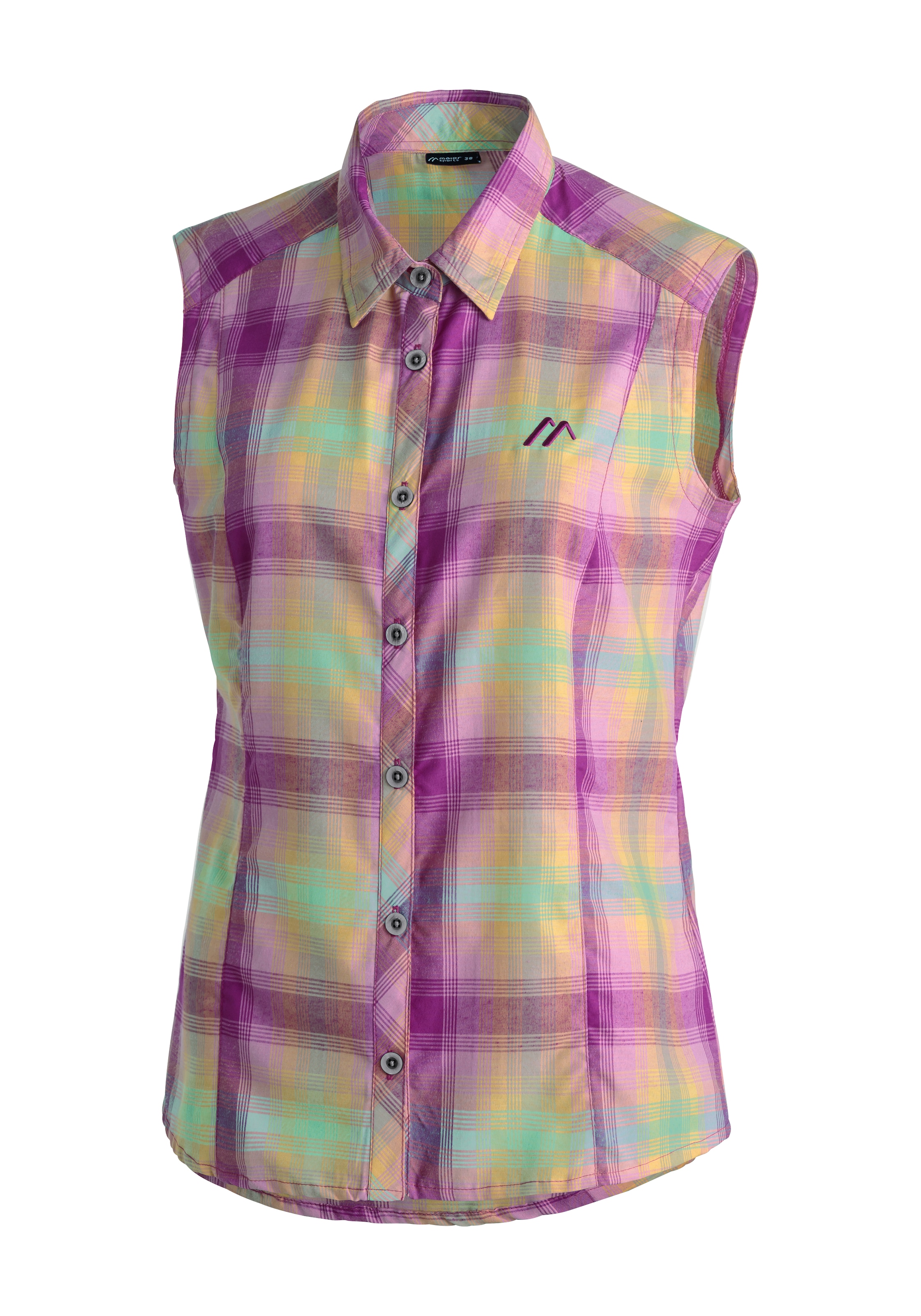 Funktionsbluse MAIER SPORTS "Paloma", Damen, Gr. 44, lavendel, 85% Polyester, 15% Viskose, Blusen, ärmellose Damen Bluse, sommerliches Blusen-Shirt, Karobluse, Reg. Fit