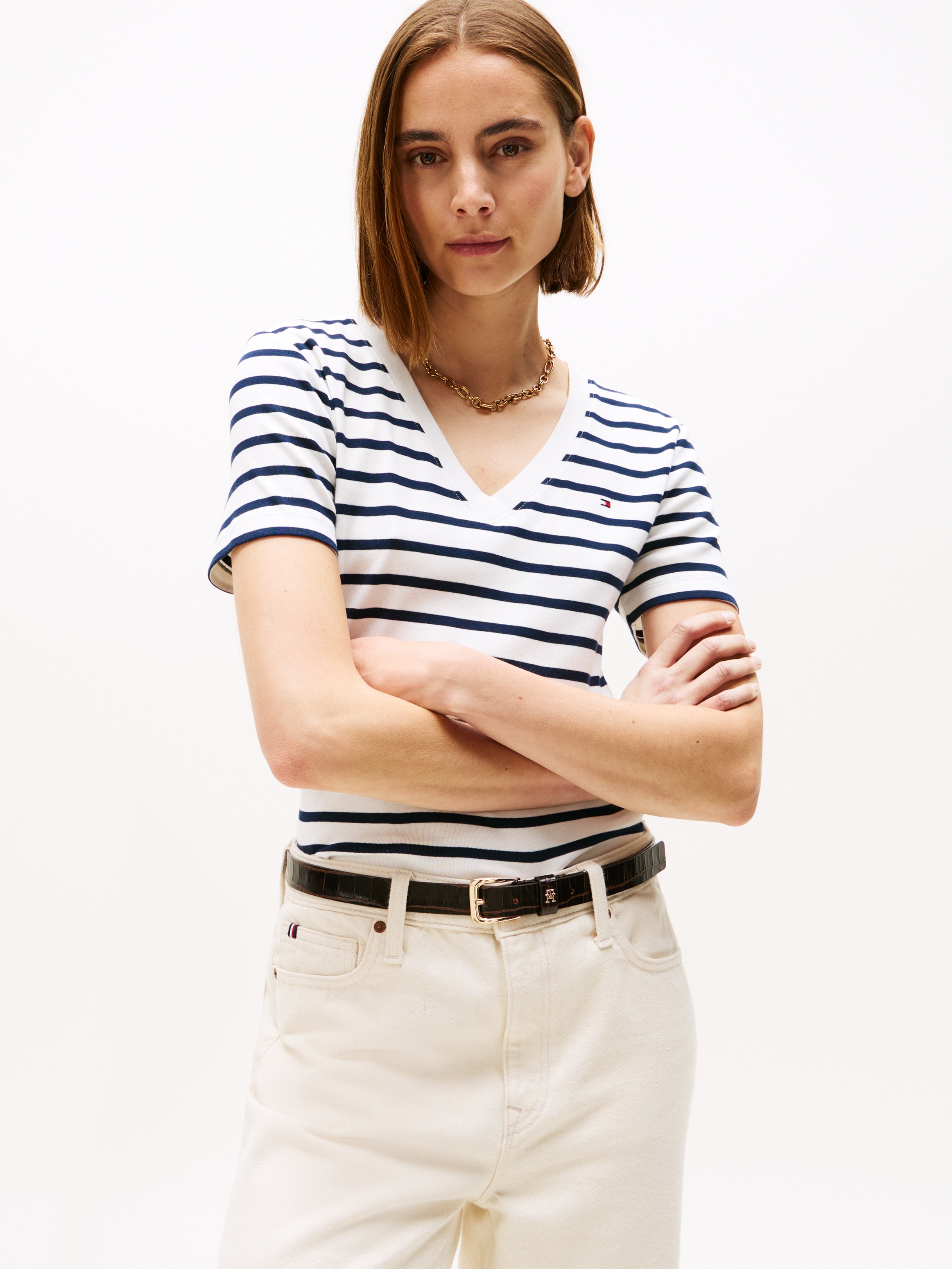 Tommy Hilfiger "SLIM CODY V-NK SS mit V-Ausschnitt und Streifen" Baumwolle, günstig online kaufen