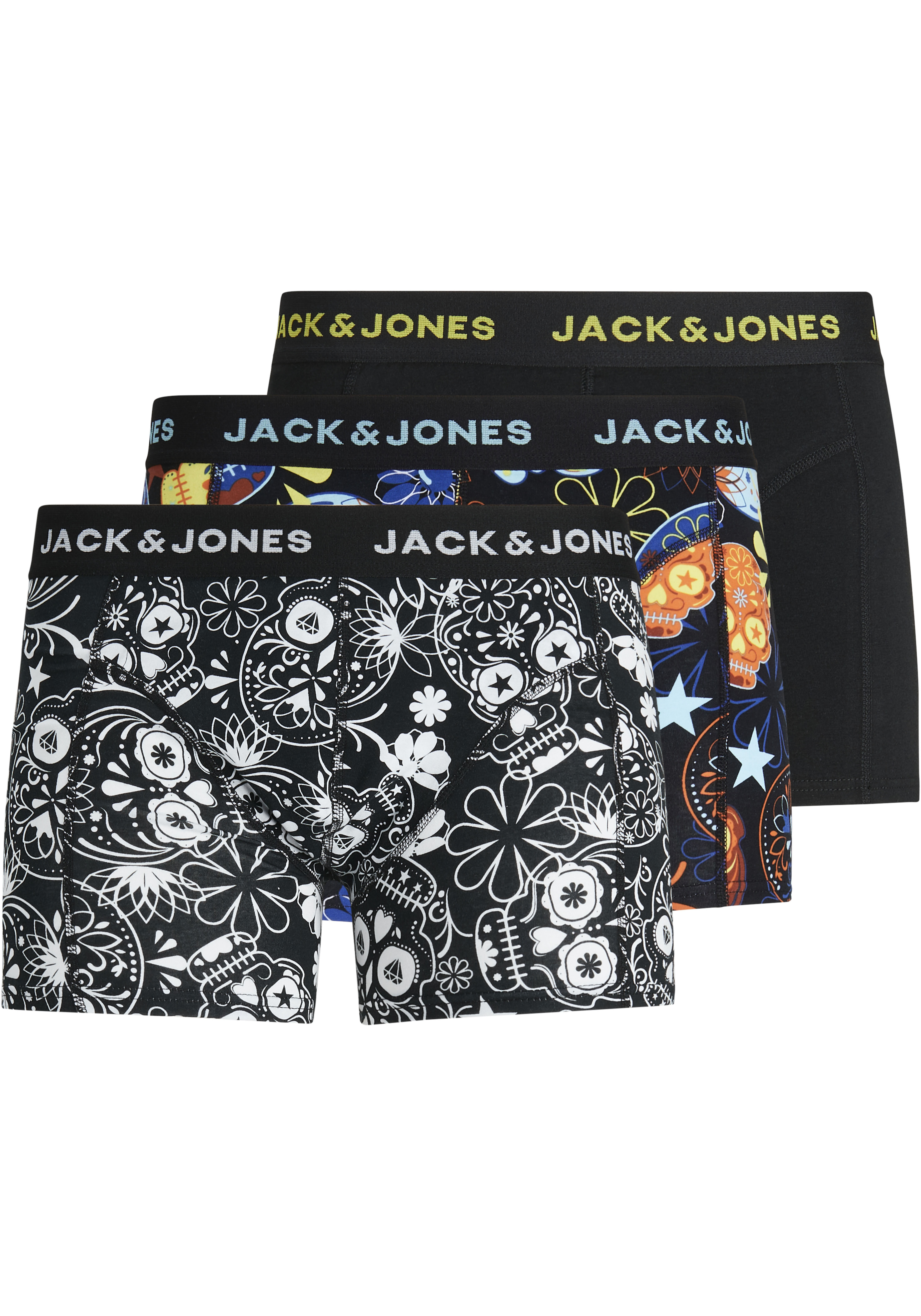 JACK & JONES Herren Boxershorts "JACSUGAR SKULL TRUNKS 3 PACK. NOOS", Gr. M, schwarz, Jersey, Obermaterial: 95% Baumwolle, 5% Elasthan, unifarben mit