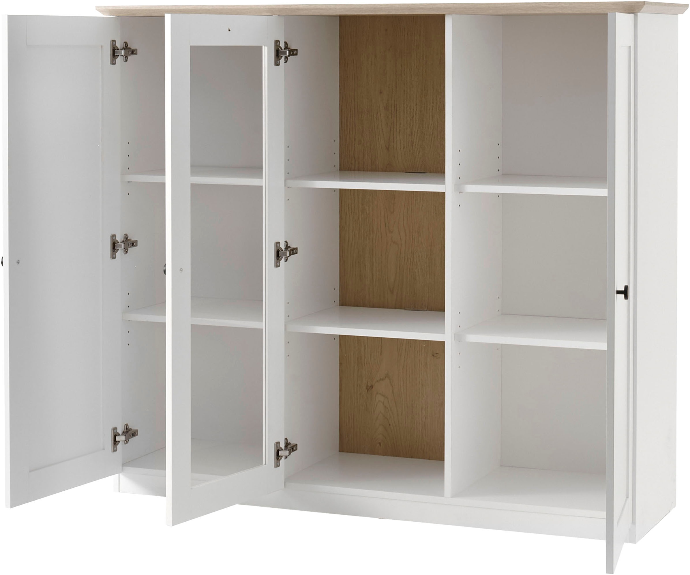 OTTO home Highboard »Brest, Schrank im Landhausstil, Sideboard, zeitloses Stauraumelement« schwarze Metallgriffe, ausreichend Stauraum, Glastür, 139 cm breit