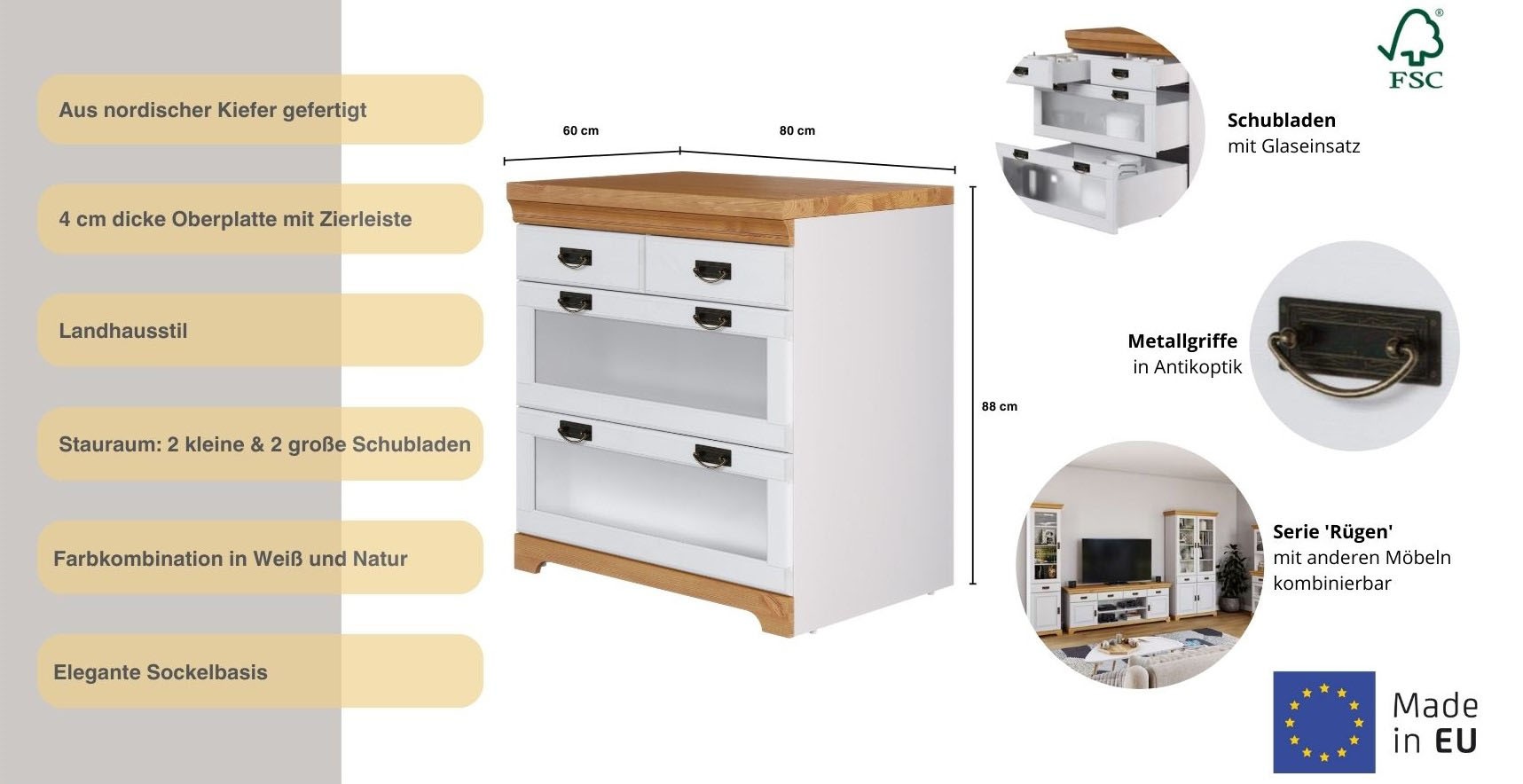 Thumbnail - Home affaire Kommode "Rügen", zertifizietes Massivholz, mit Schubkasten und Glaseinsatz