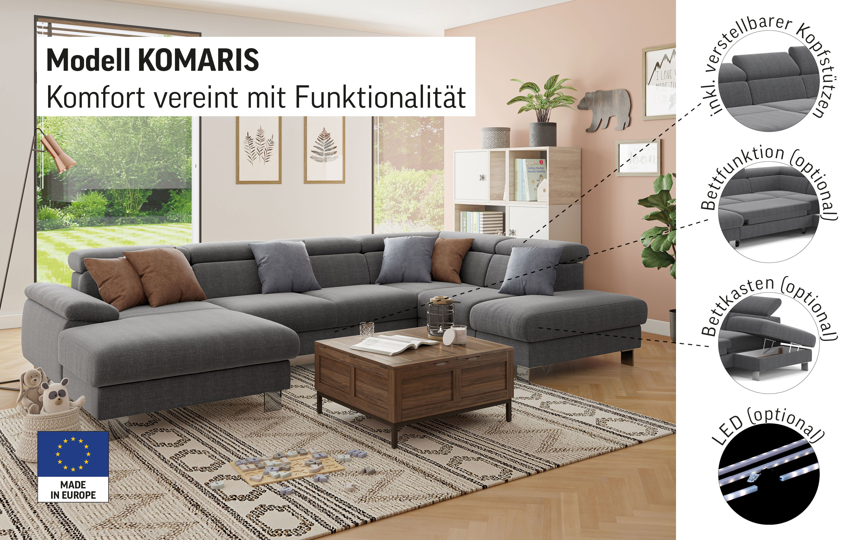 Thumbnail - COTTA Wohnlandschaft "Komaris U-Form, B: 320 cm", mit Kopfteilverstellung, optional Bettfunktion, Bettkasten & Licht
