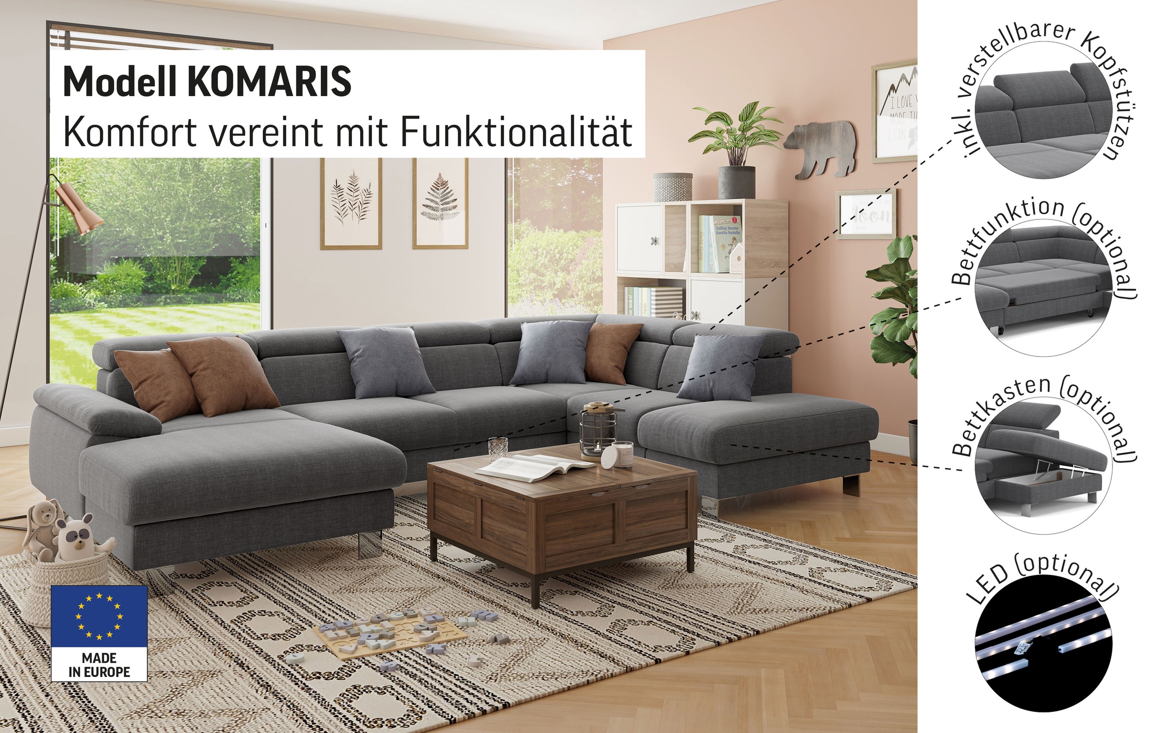 Thumbnail - COTTA Wohnlandschaft "Komaris U-Form mit Kopfteilverstellung", wahlweise mit Bettfunktion, Bettkasten & Beleuchtung