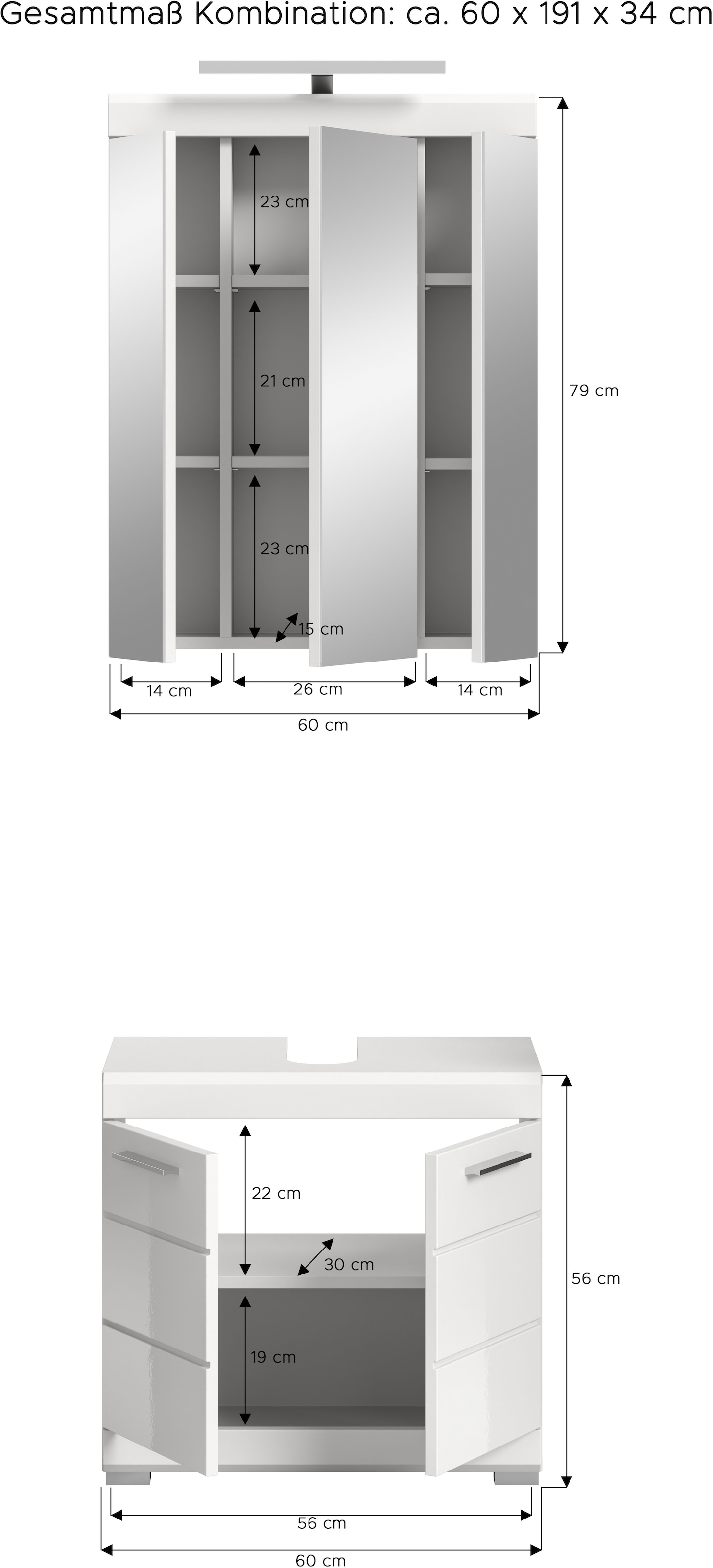 INOSIGN Badmöbel-Set »Siena, 2 teilig, inklusive LED Beleuchtung, bestehend aus:«, (Set), Waschbeckenunterschrank, Spiegelschrank, LED Badaufsatzleuchte