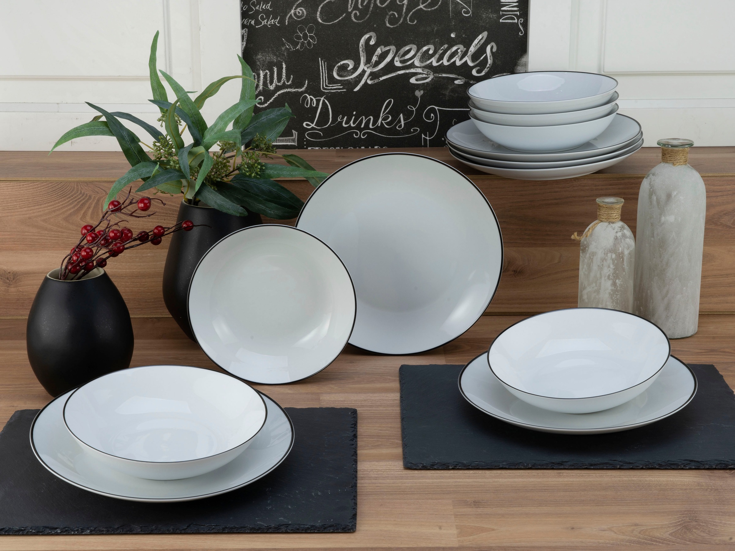 CreaTable Tafelservice | (Set, »Luna Black Line«, 12 Liniendekor handgemaltes BAUR tlg.)