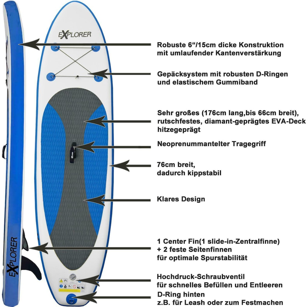 EXPLORER Inflatable SUP-Board »Explorer SUP 300 blau«, (Set, mit Paddel, Pumpe und Transportrucksack)