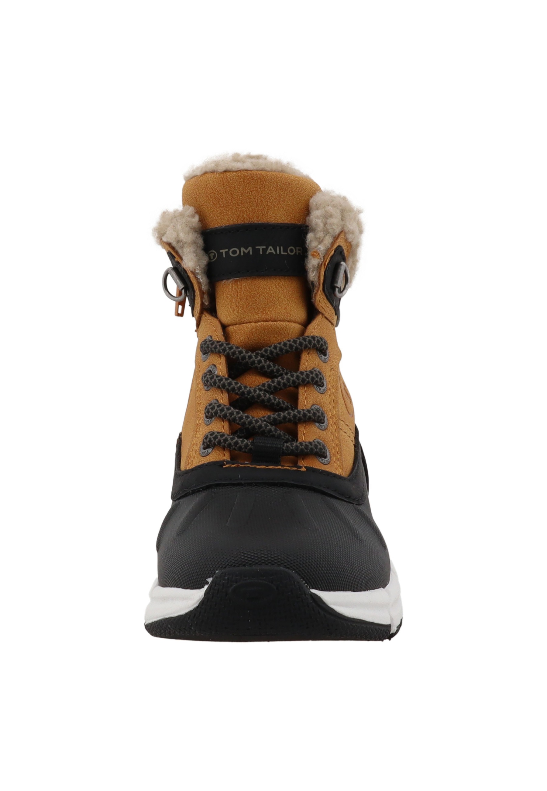 Winterstiefel TOM TAILOR, Damen, Gr. 31, schwarz (schwarz, camelfarben), Lederimitat, Synthetik, kontrastfarbene Details, Schuhe Winterstiefel, mit Tex-Ausstattung