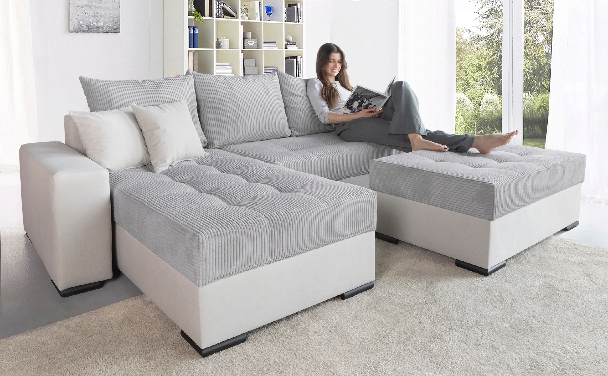 COLLECTION AB "Josy L-Form, B: 214 cm in Cord, Cord-Mix" Schlaffunktion, Bettkasten & 2 Zierkissen, Federkern