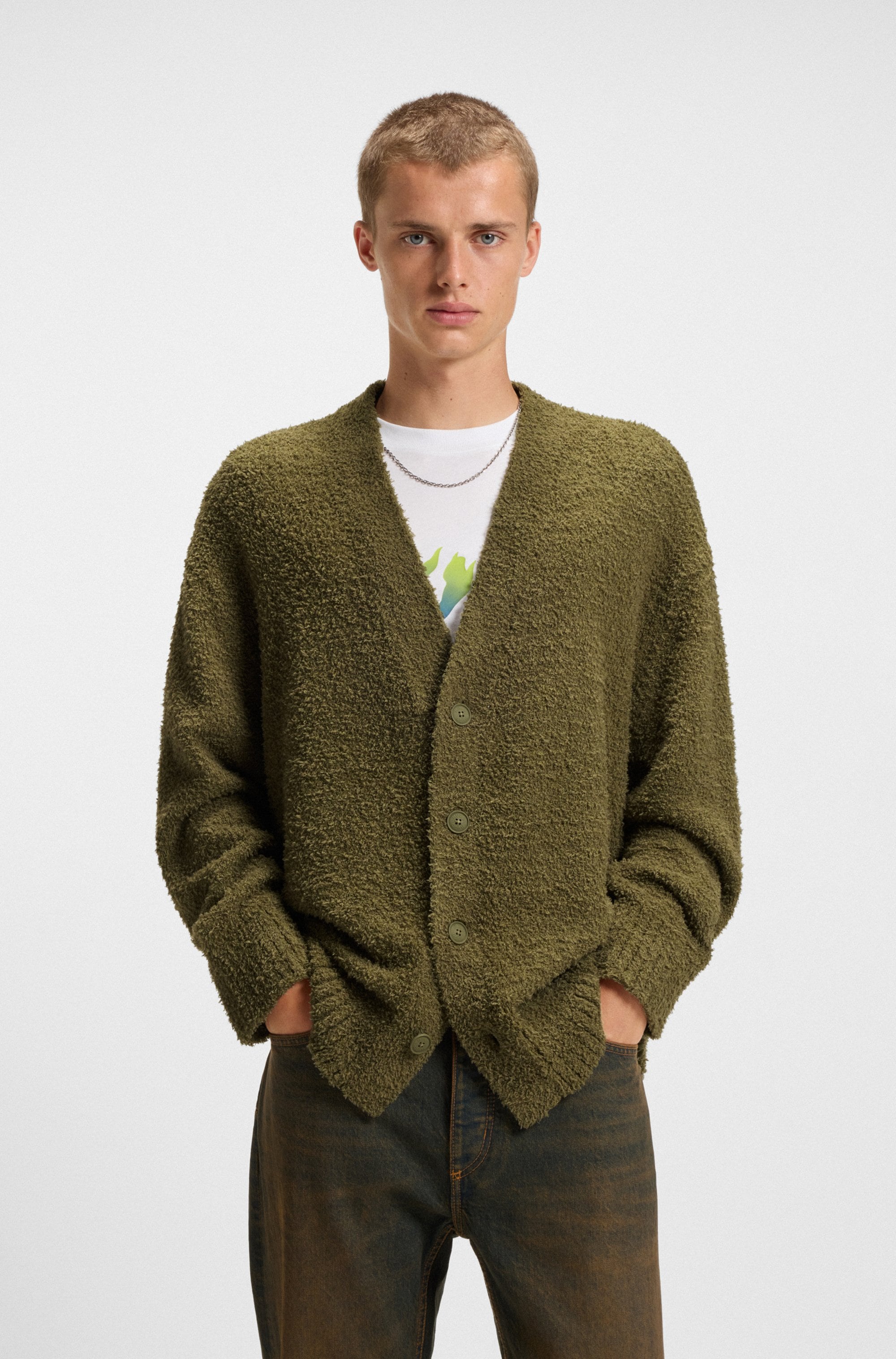 HUGO Blue Strickjacke "Sonou", V-Ausschnitt, Oversized fit, Bouclé-Strick günstig online kaufen