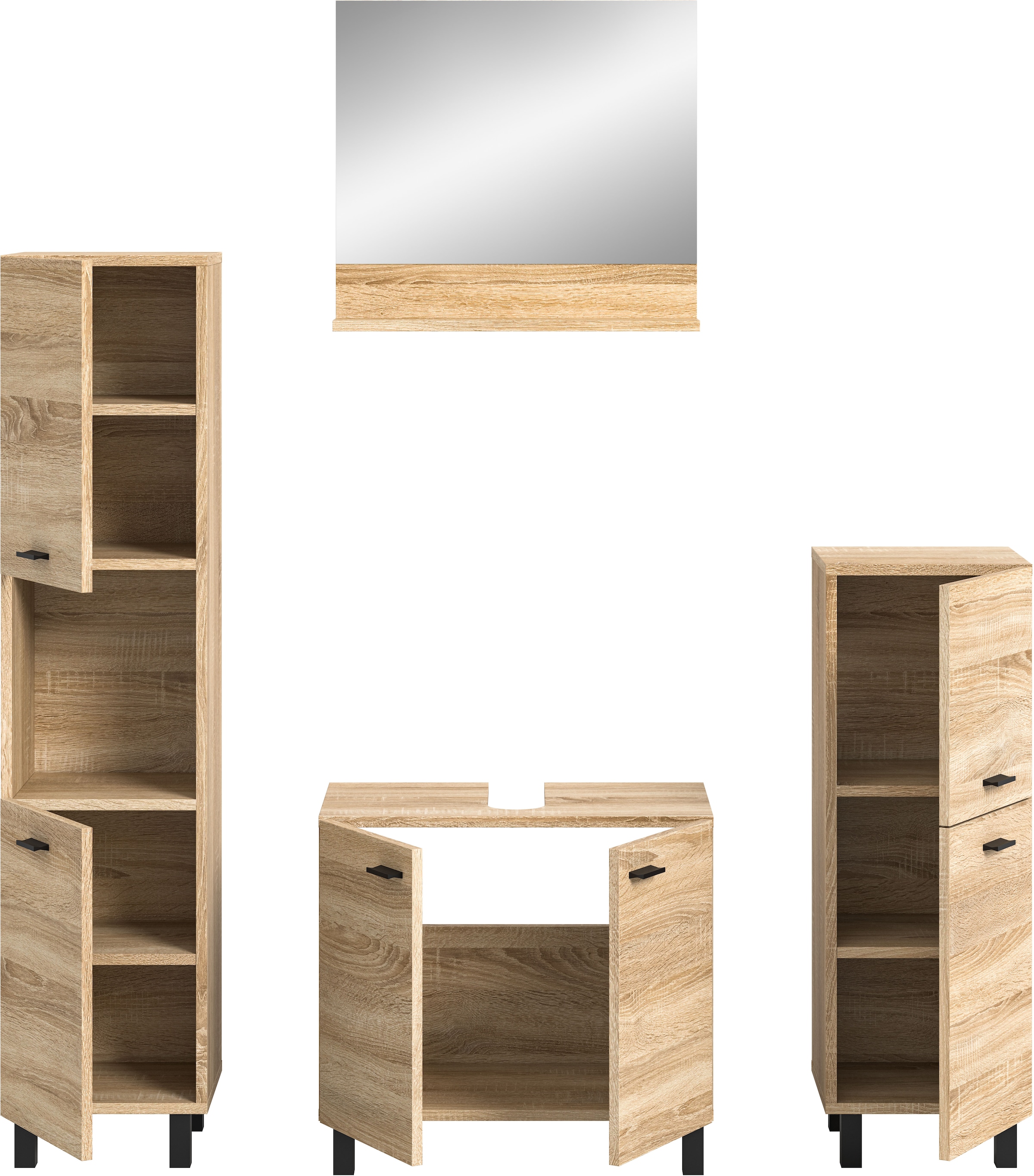 welltime Badmöbel-Set »Tampa, Breite 137cm, 4-teilig«, (4 St.), Waschbeckenunterschrank, Spiegel, Hochschrank, Midischrank