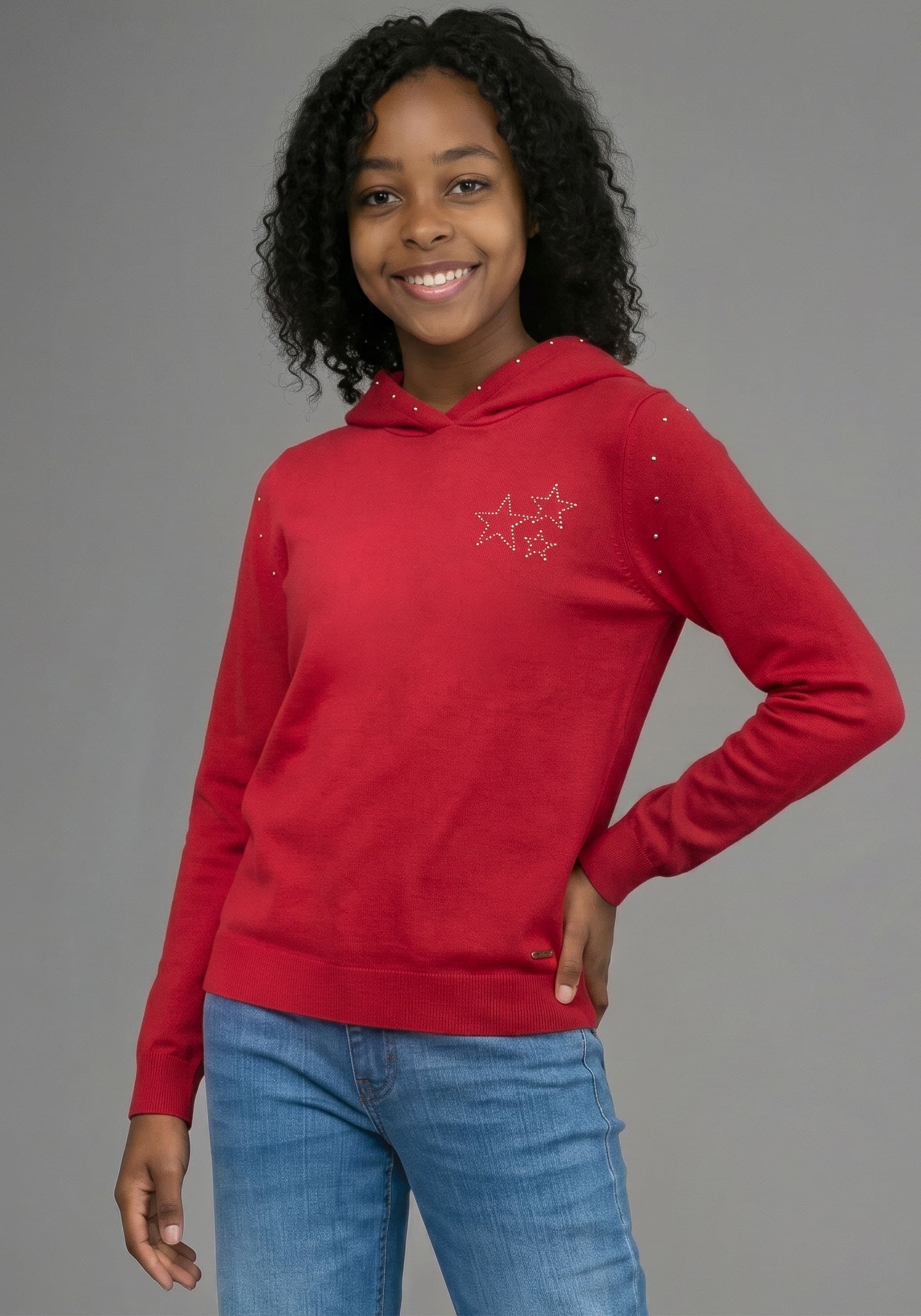 Bruno Banani Kapuzensweatshirt "Hoodie mit Nieten-Details an Kapuze und Sternen im Nietendesign", Sweatshirt mit Nietenverziehrung, aus weiche Interlockware