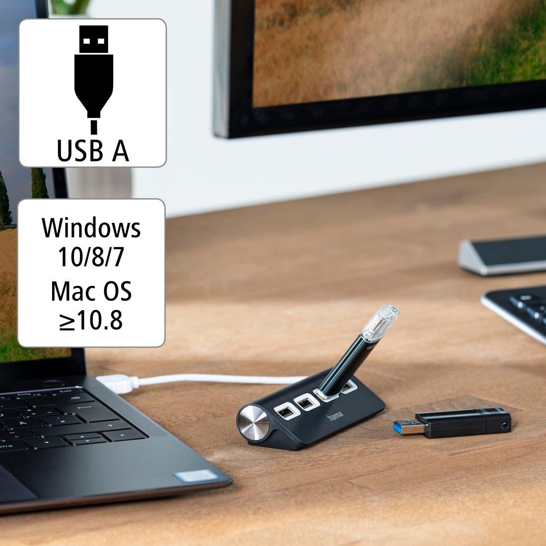 Hama USB-Adapter »USB-Hub mit 4 USB-A Ports, USB-A Stecker, 480 Mbit/s, 15 cm Kabellänge«, 15 cm, Verbinden von PC, Notebook, Tablet mit USB-Stick, Tastatur, Drucker
